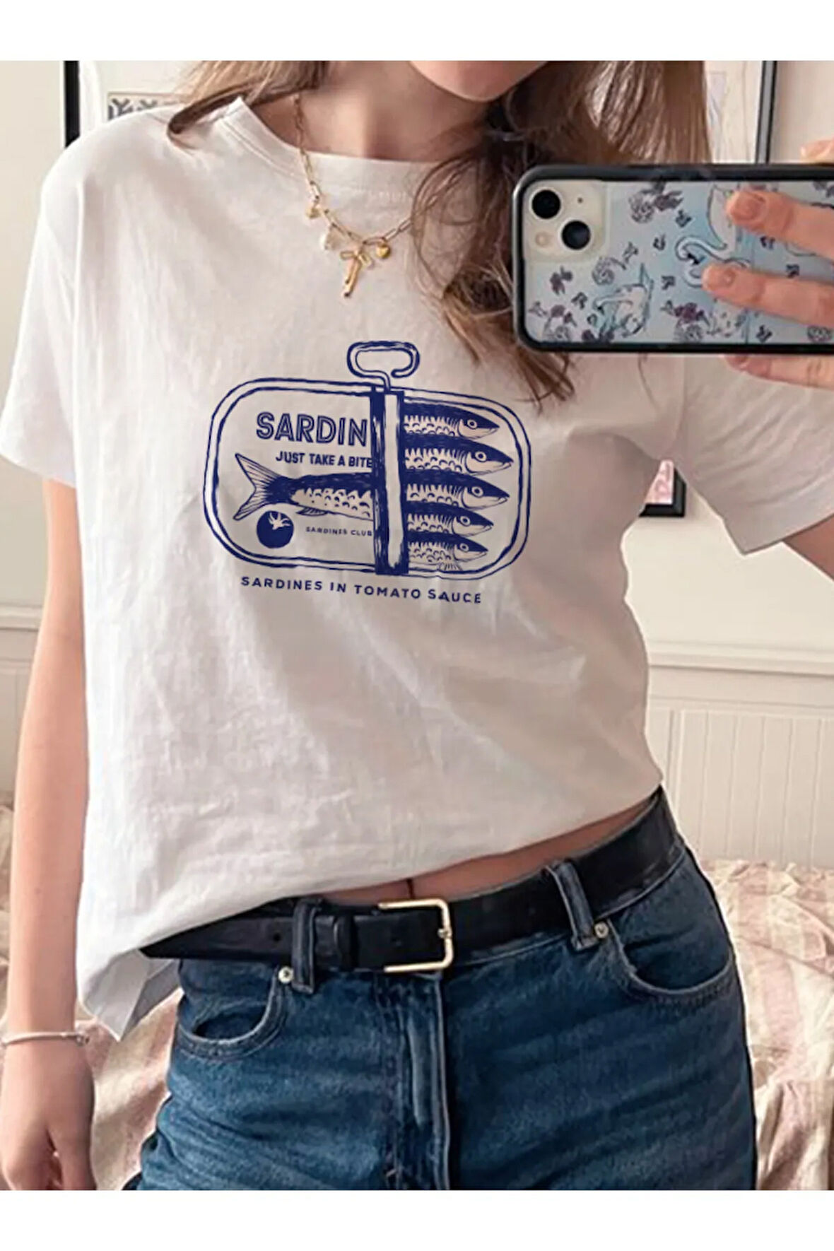 Sardines Baskılı Bisiklet Yaka Basic Trend Kadın T-shirt