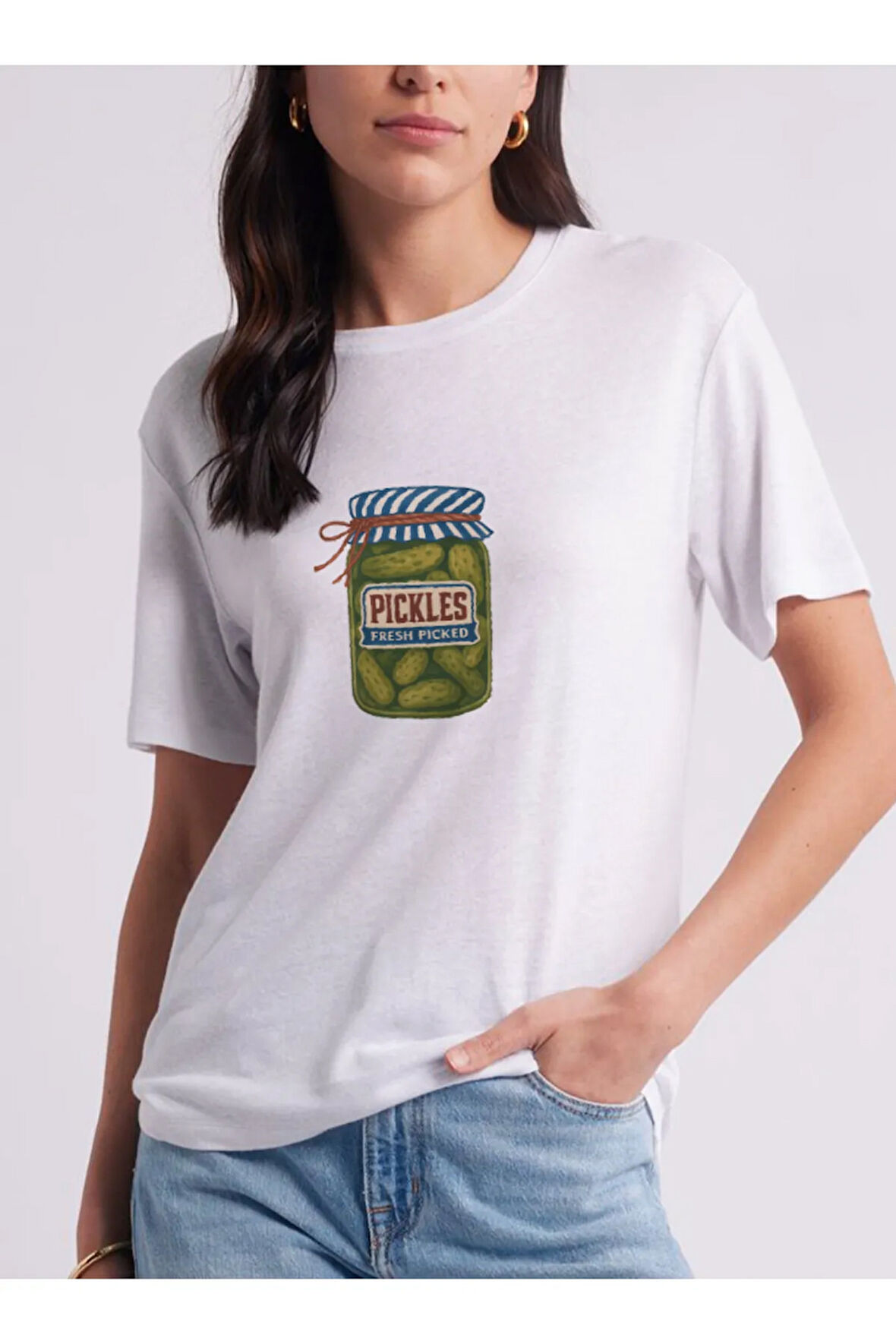 Pickles Baskılı Bisiklet Yaka Basic Trend Kadın T-shirt