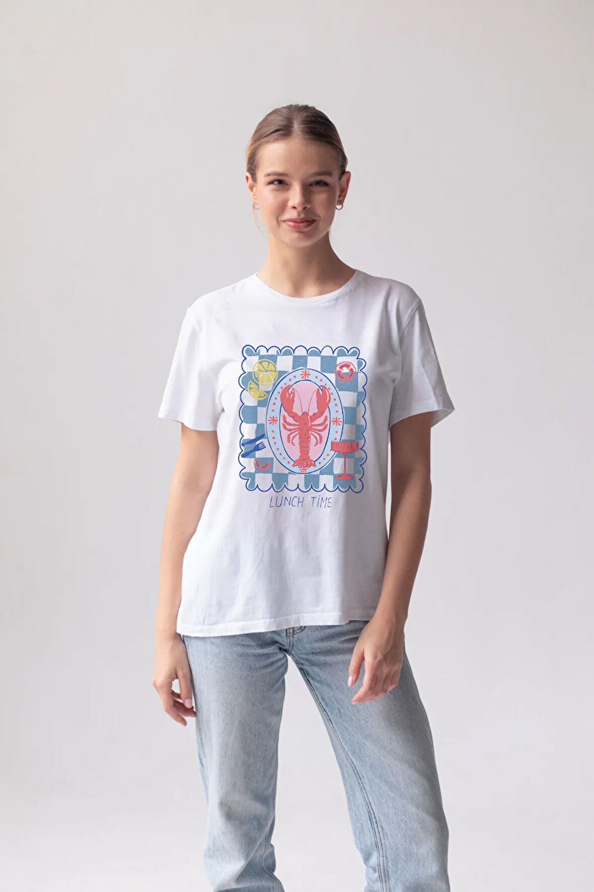 Lunch Time Baskılı Bisiklet Yaka Basic Trend Kadın T-shirt