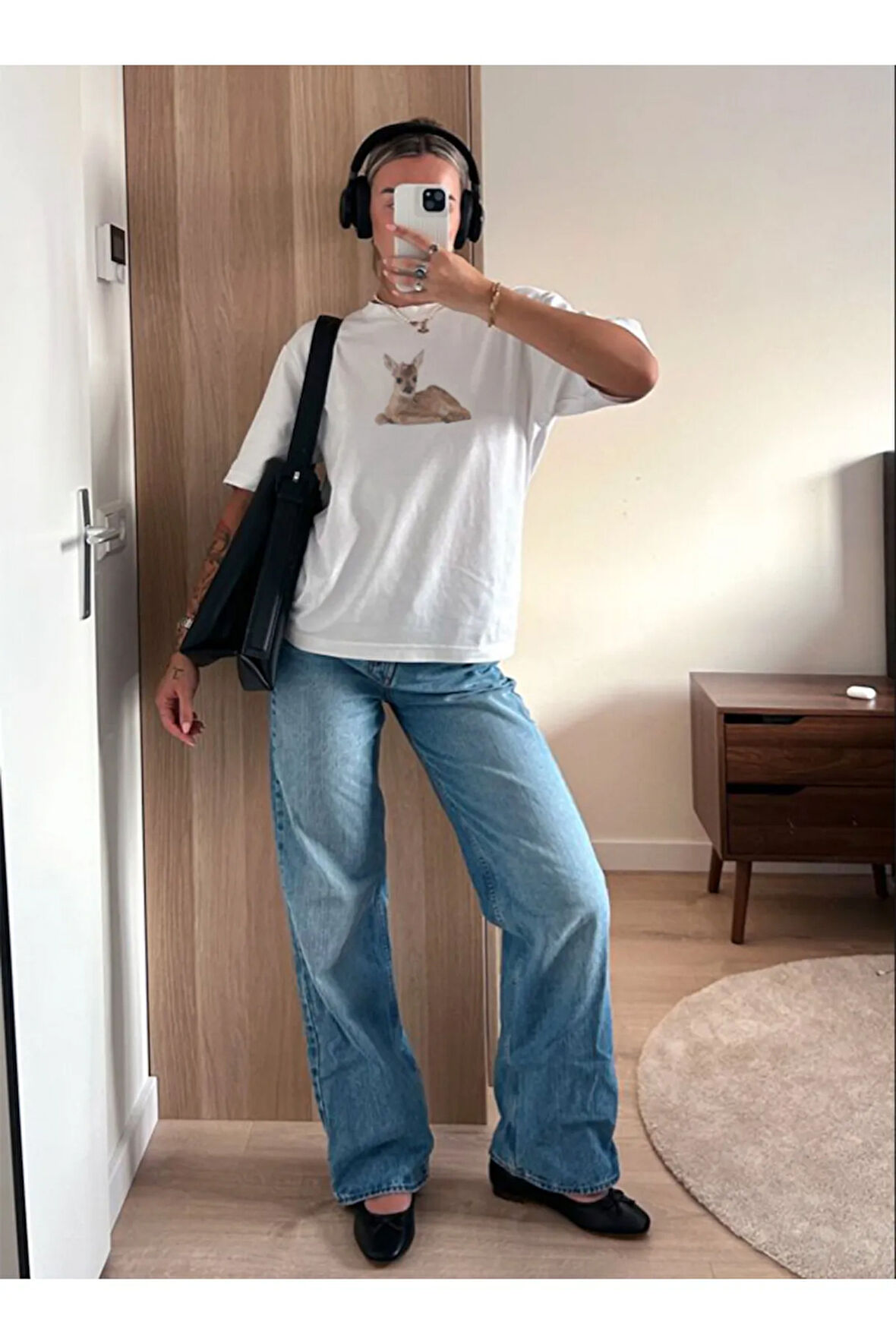 Ceylan Baskılı Bisiklet Yaka Basic Trend Kadın T-shirt