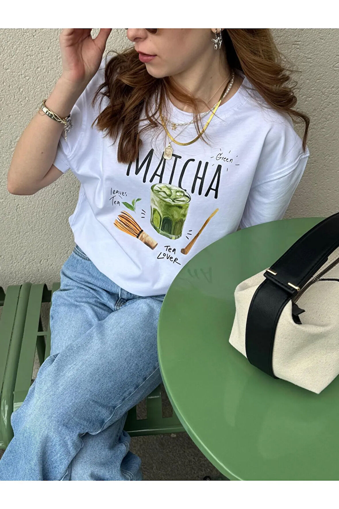 Matcha Baskılı Bisiklet Yaka Basic Trend Kadın T-shirt