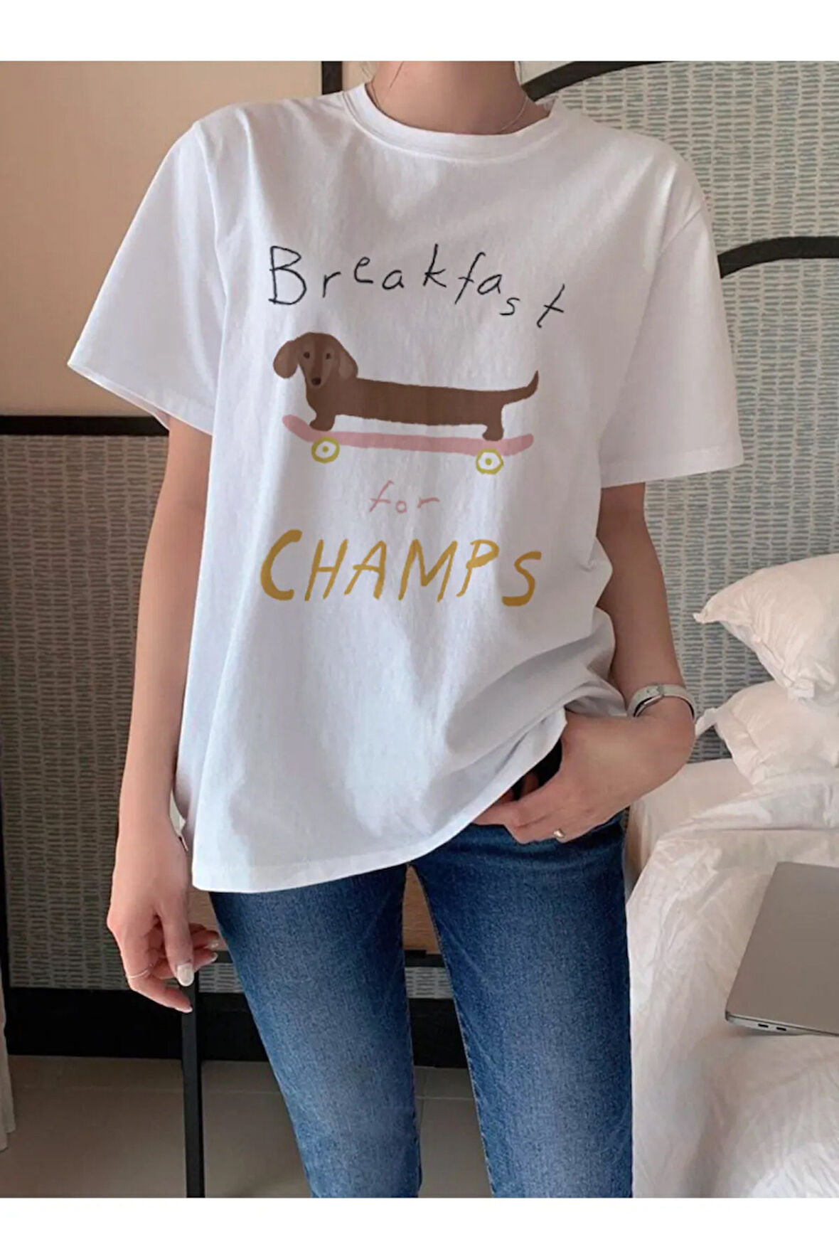 Breakfast Champs Baskılı Bisiklet Yaka Basic Trend Kadın T-shirt