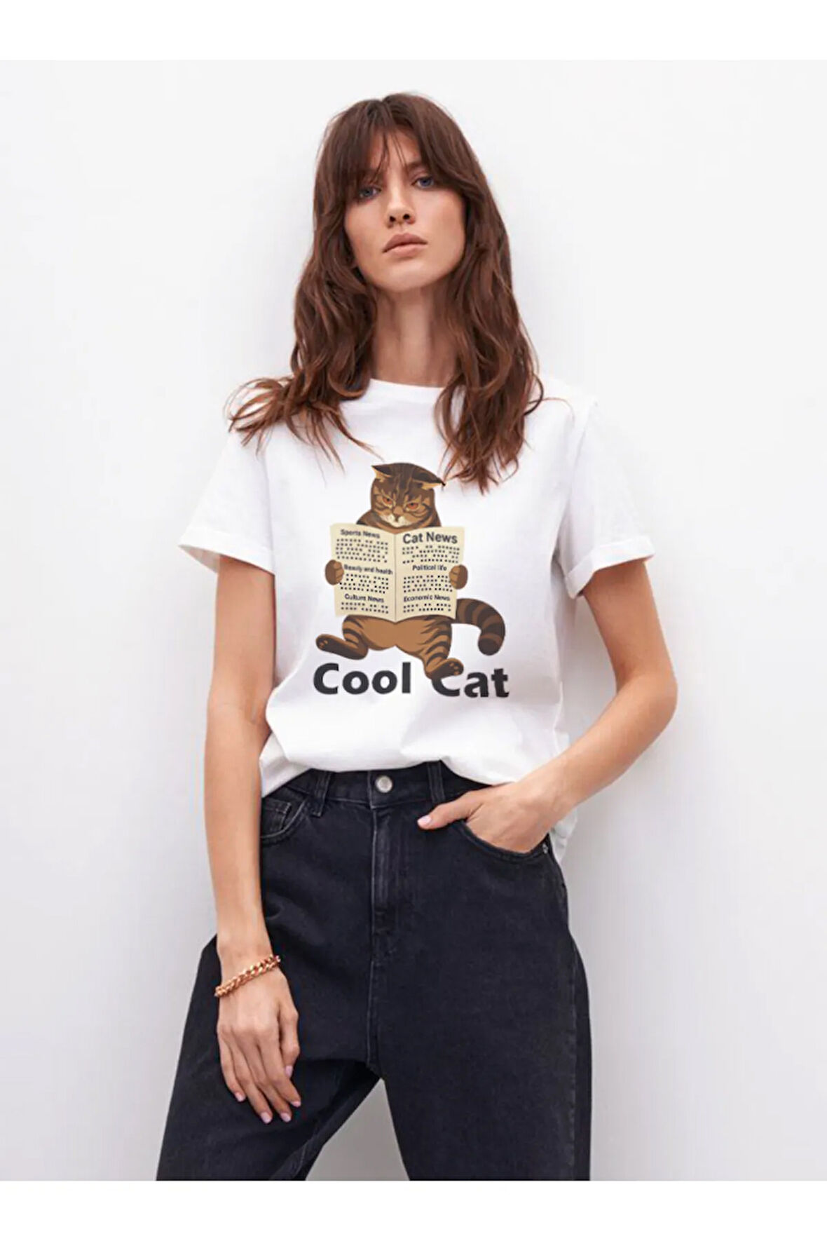 Cool Cat Baskılı Bisiklet Yaka Basic Trend Kadın T-shirt