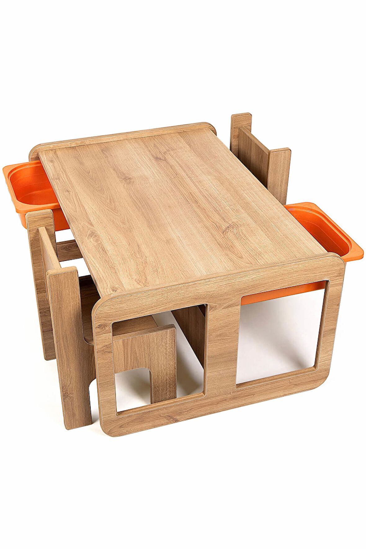 Industrial Living 2 Kişilik Çocuk Masası – Ceviz MDF - Turuncu Çekmeceli