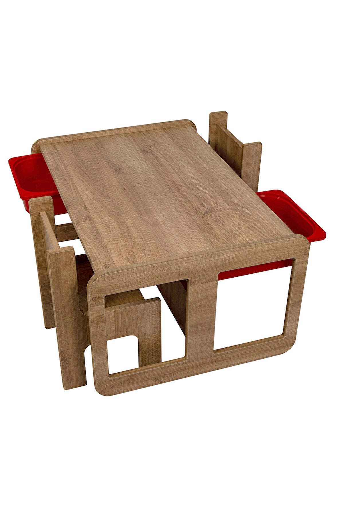 Industrial Living 2 Kişilik Çocuk Masası – Ceviz MDF - Kırmızı Çekmeceli