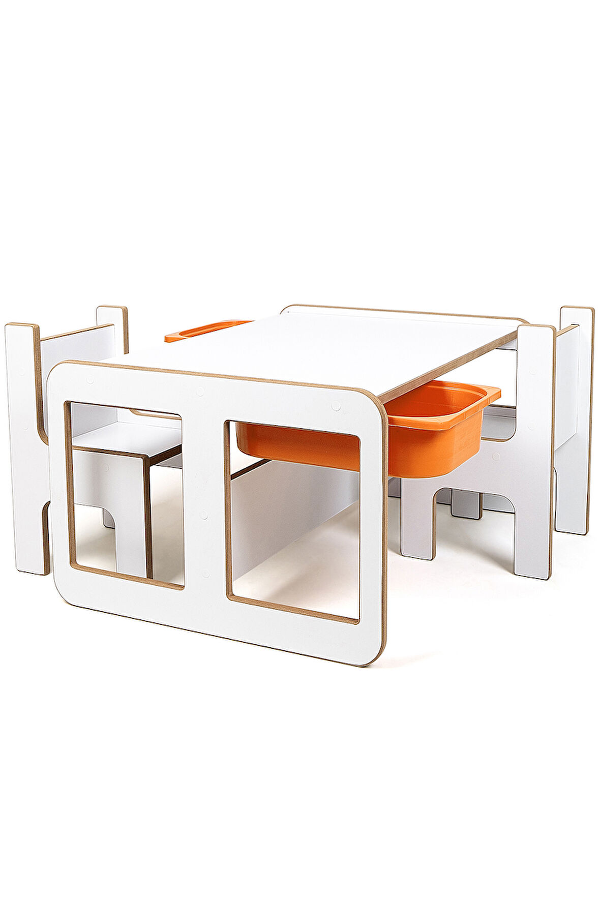 Industrial Living 2 Kişilik Çocuk Masası – Beyaz MDF - Turuncu Çekmeceli
