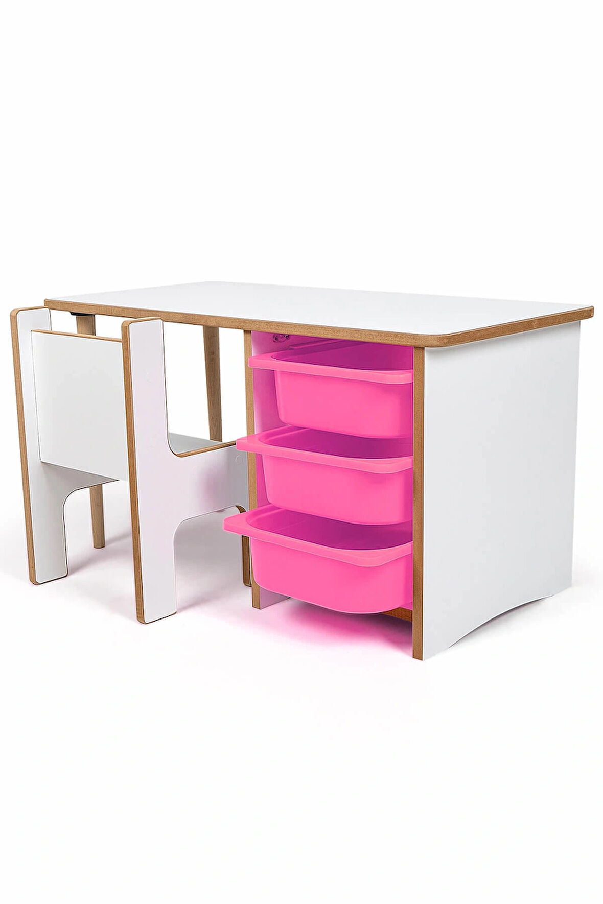 Industrial Living 3 Çekmeceli Çocuk Etkinlik Masası - Beyaz MDF - Pembe Çekmeceli