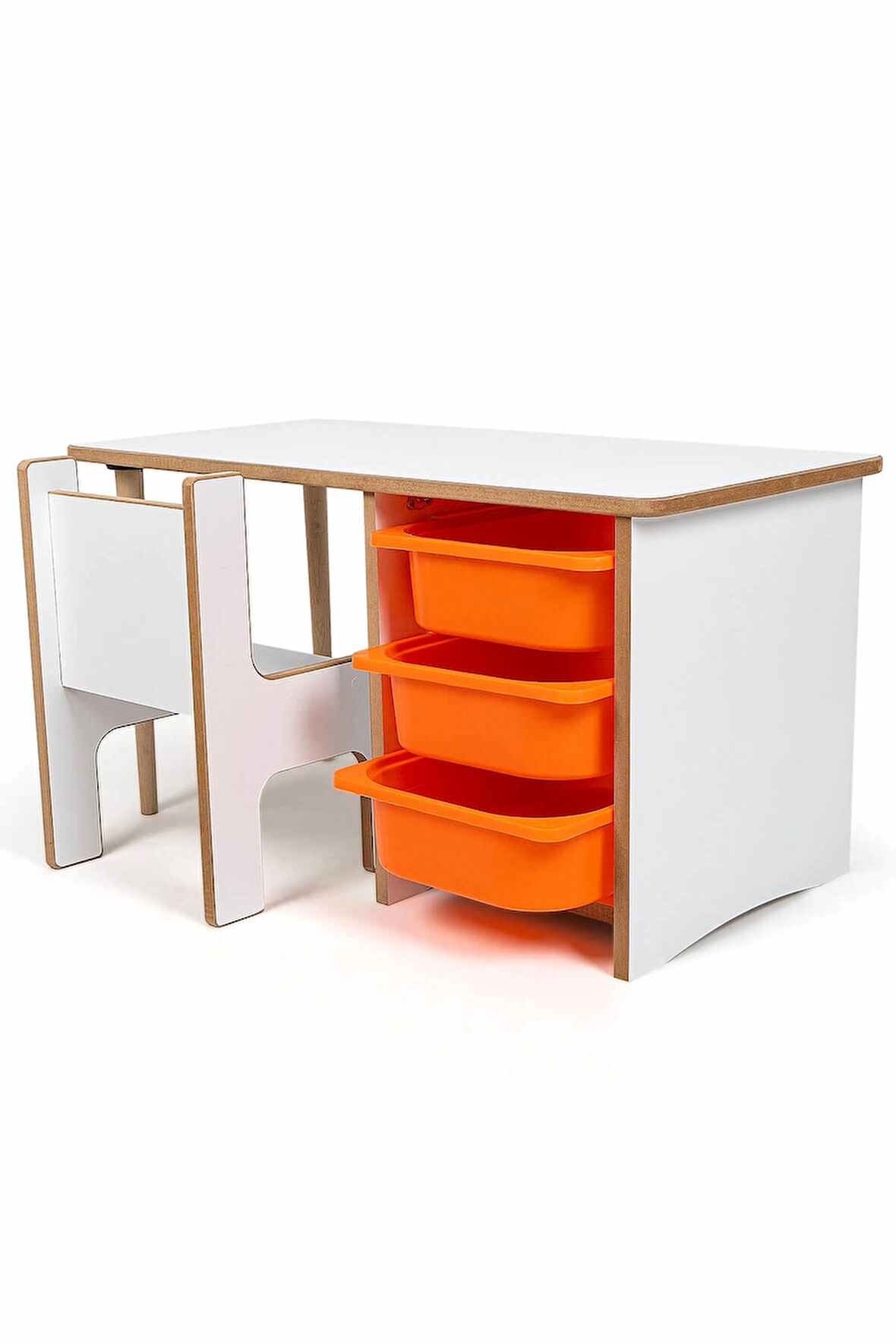Industrial Living 3 Çekmeceli Çocuk Etkinlik Masası - Beyaz MDF - Turuncu Çekmeceli