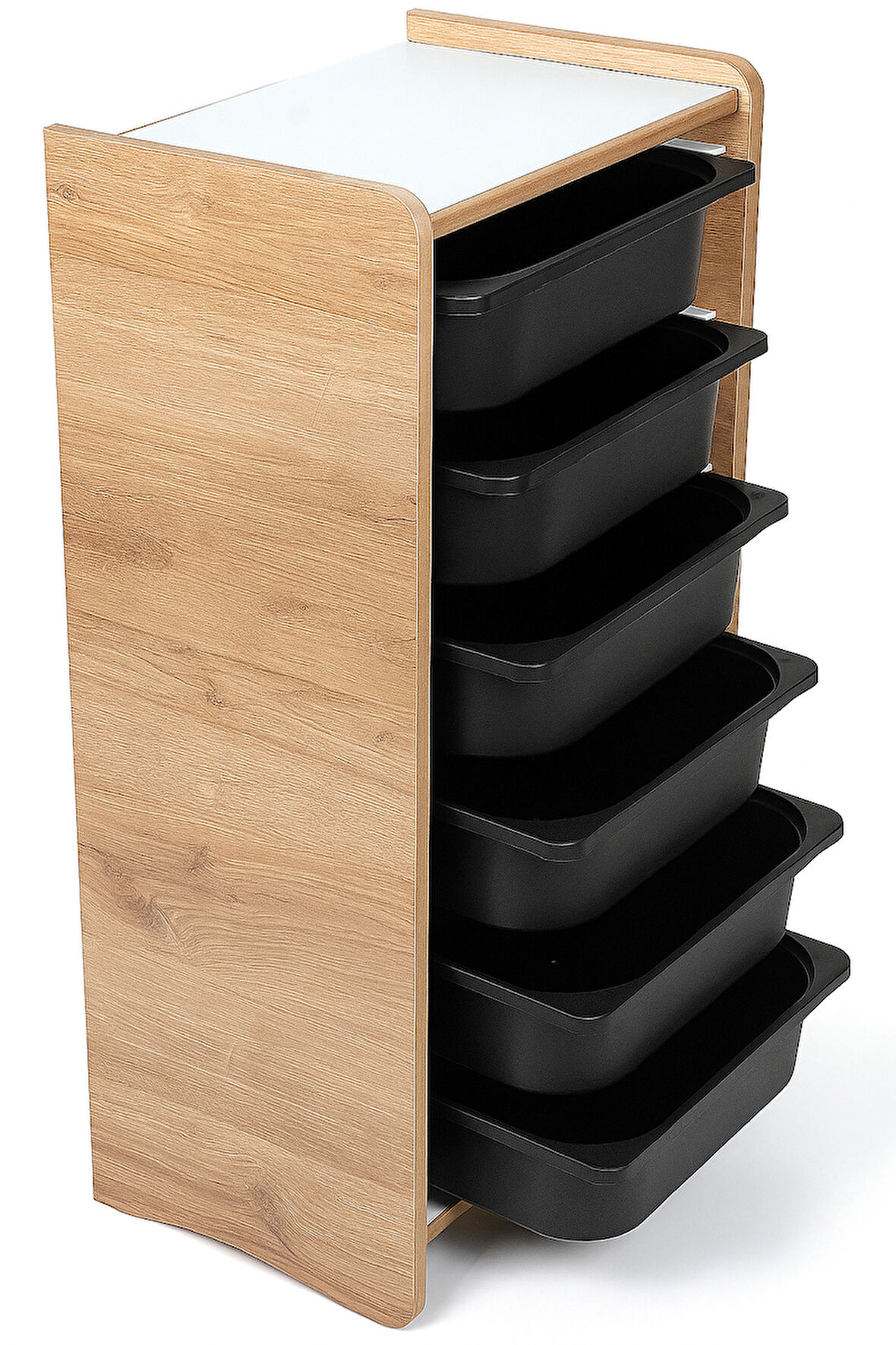 Ceviz MDF Montessori Oyuncak Dolabı – 6 Siyah Plastik Çekmeceli