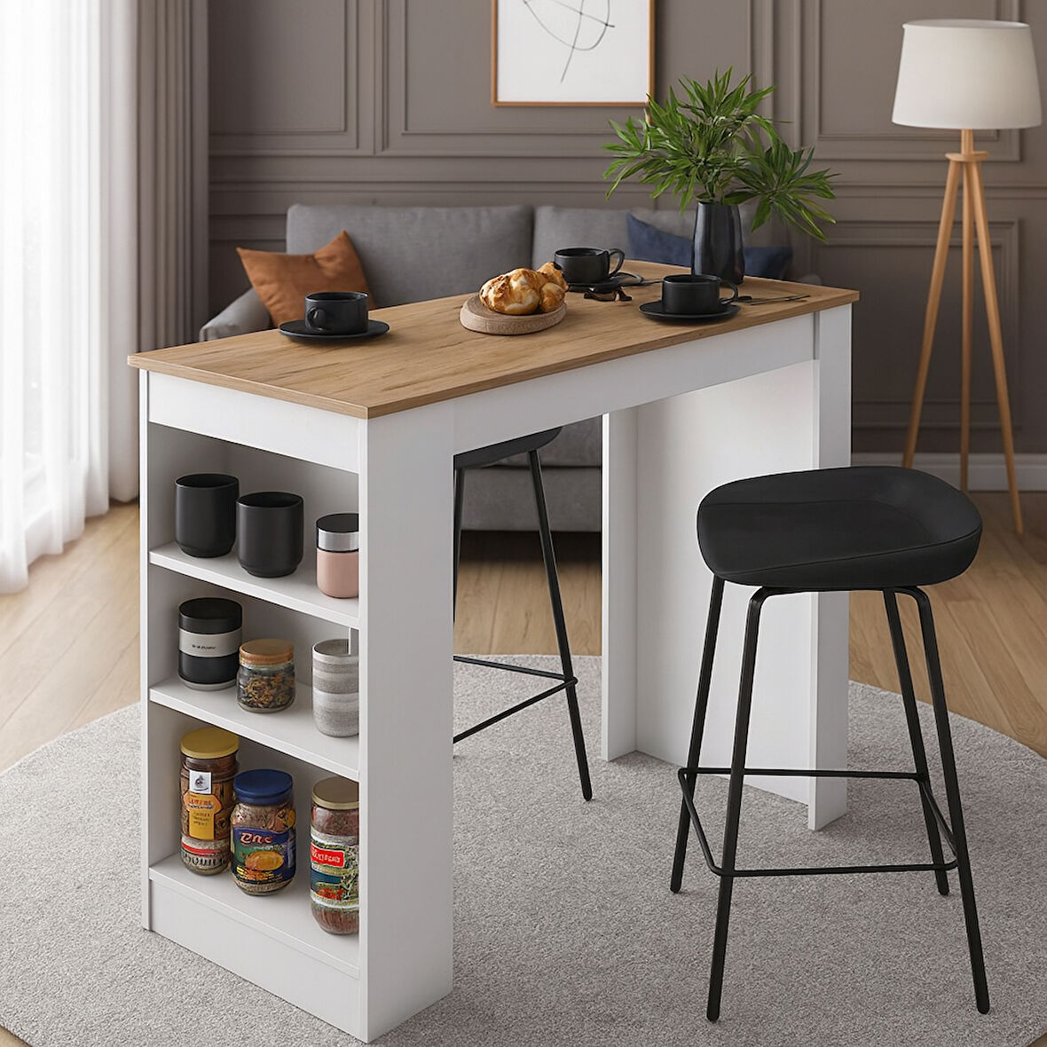 Bar Masası 3 Raflı Yüksek Mutfak Yemek Masası, Sepet, Ceviz – Beyaz