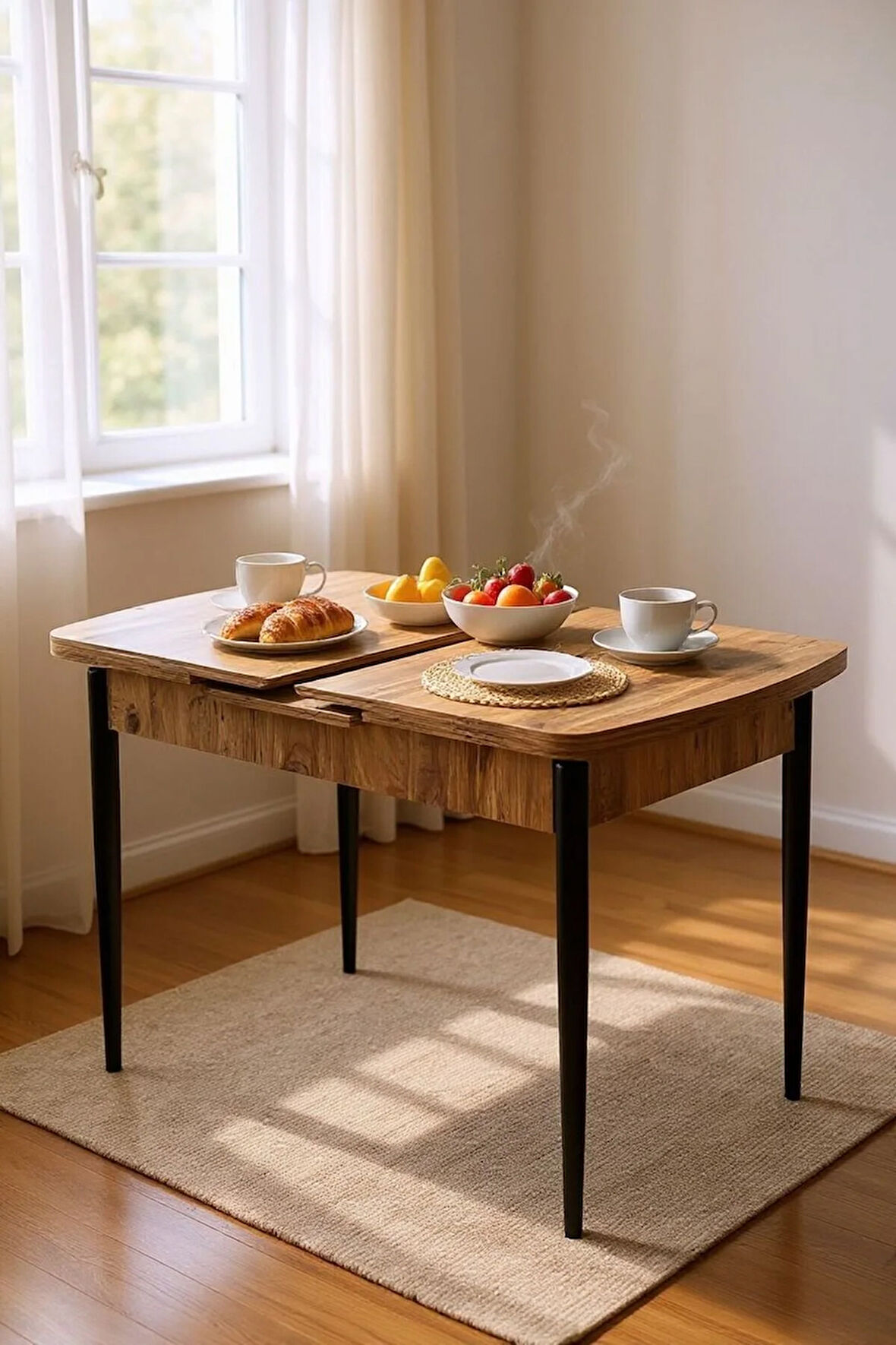 Terra Kelebek Yemek Masası – Ceviz Desen, Siyah Metal Ayak, Açılır 70x110→140 cm, 4–6 Kişilik