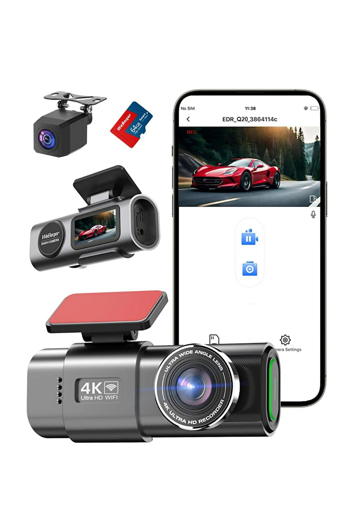 Ozmik D28 WiFi Dashcam Araç Ön Arka, 4K+1080P, Araç Kamerası Araç Kamerası 64GB SD KART HEDİYE