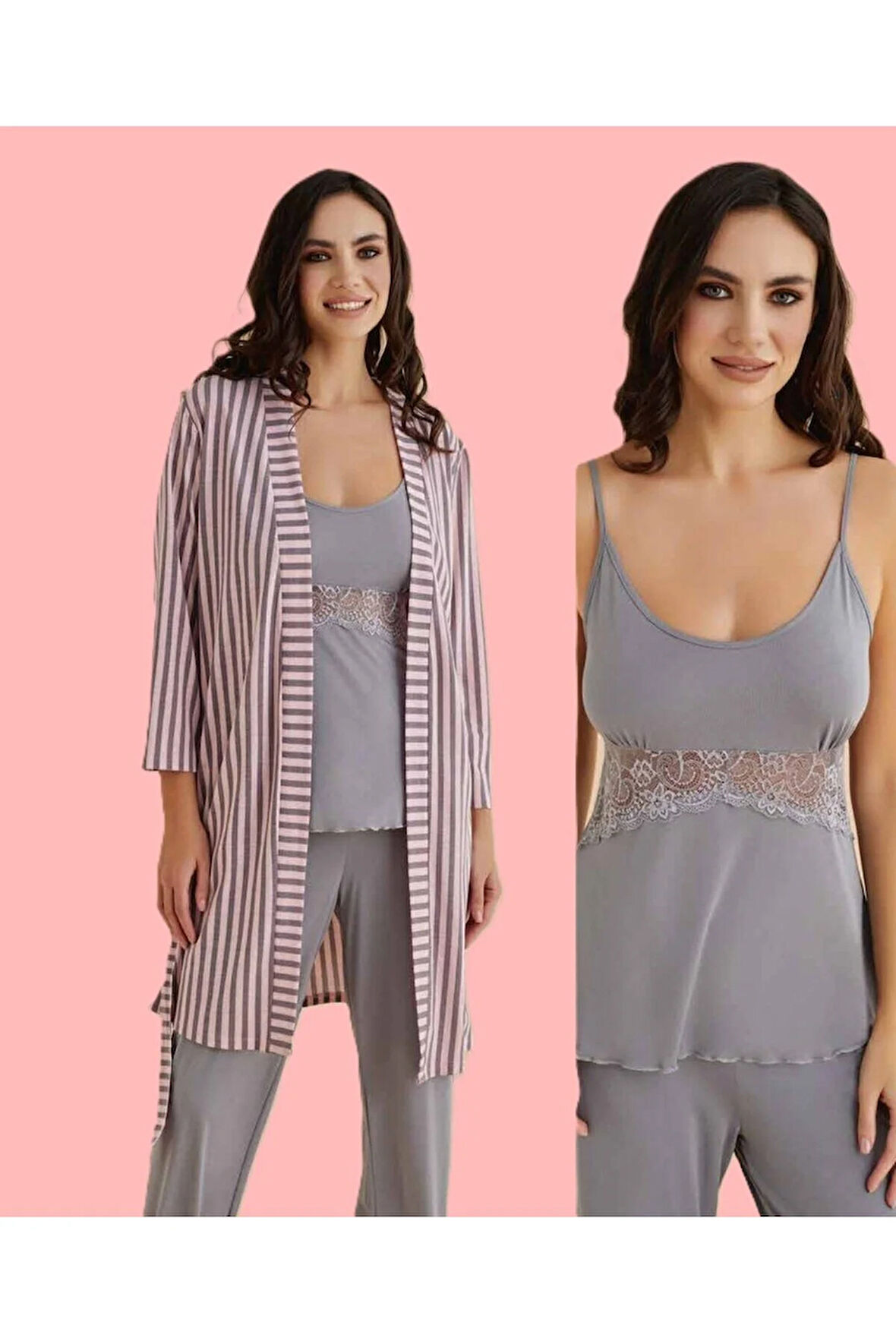 Kadın Üç Parça Penye Sabahlık & Pijama Takımı Set D1.01.LL.02.008