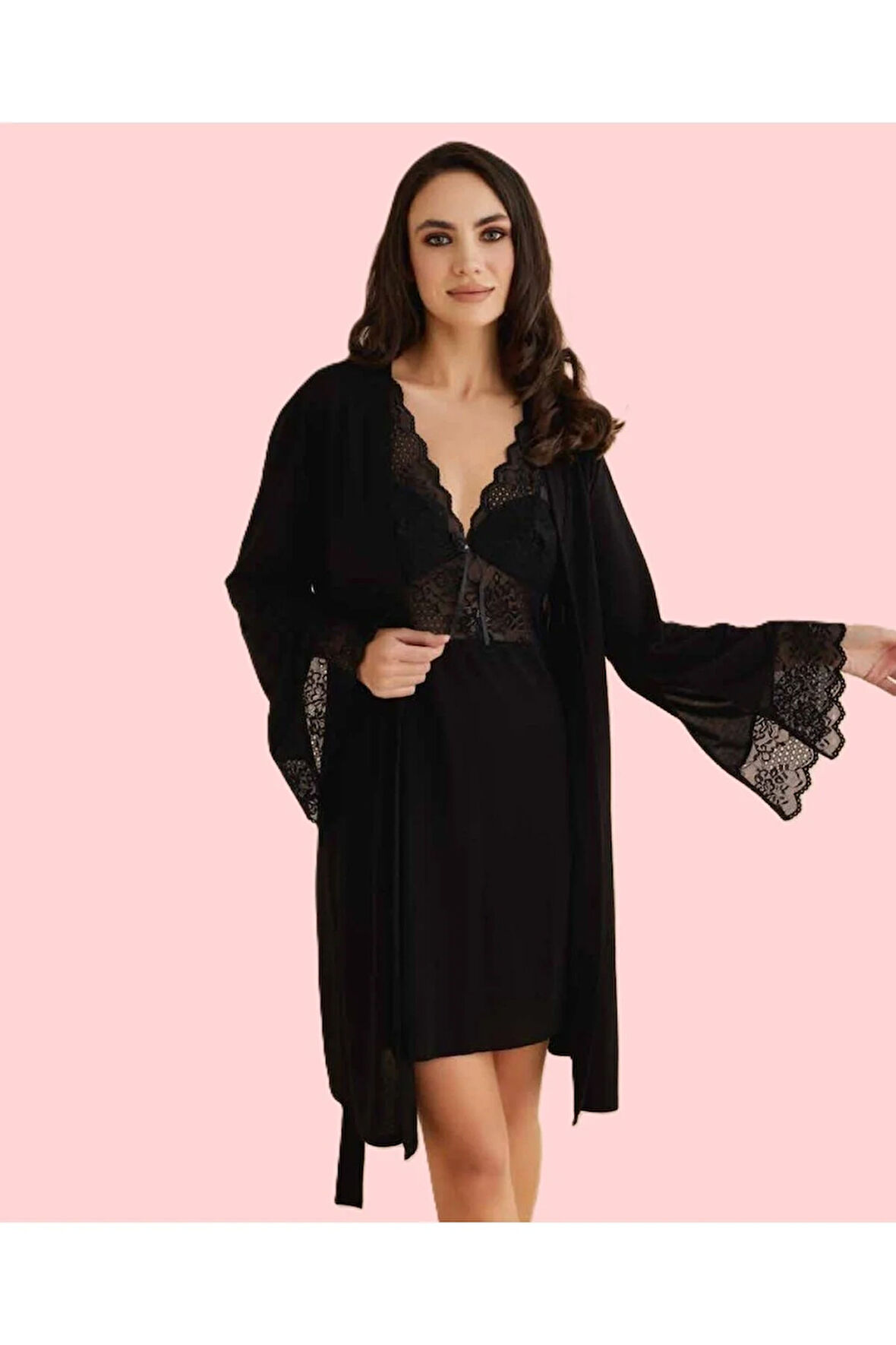 Kadın Dantel Detaylı 4'lü Gecelik & Pijama Takımı Set D1.01.LL.02.011