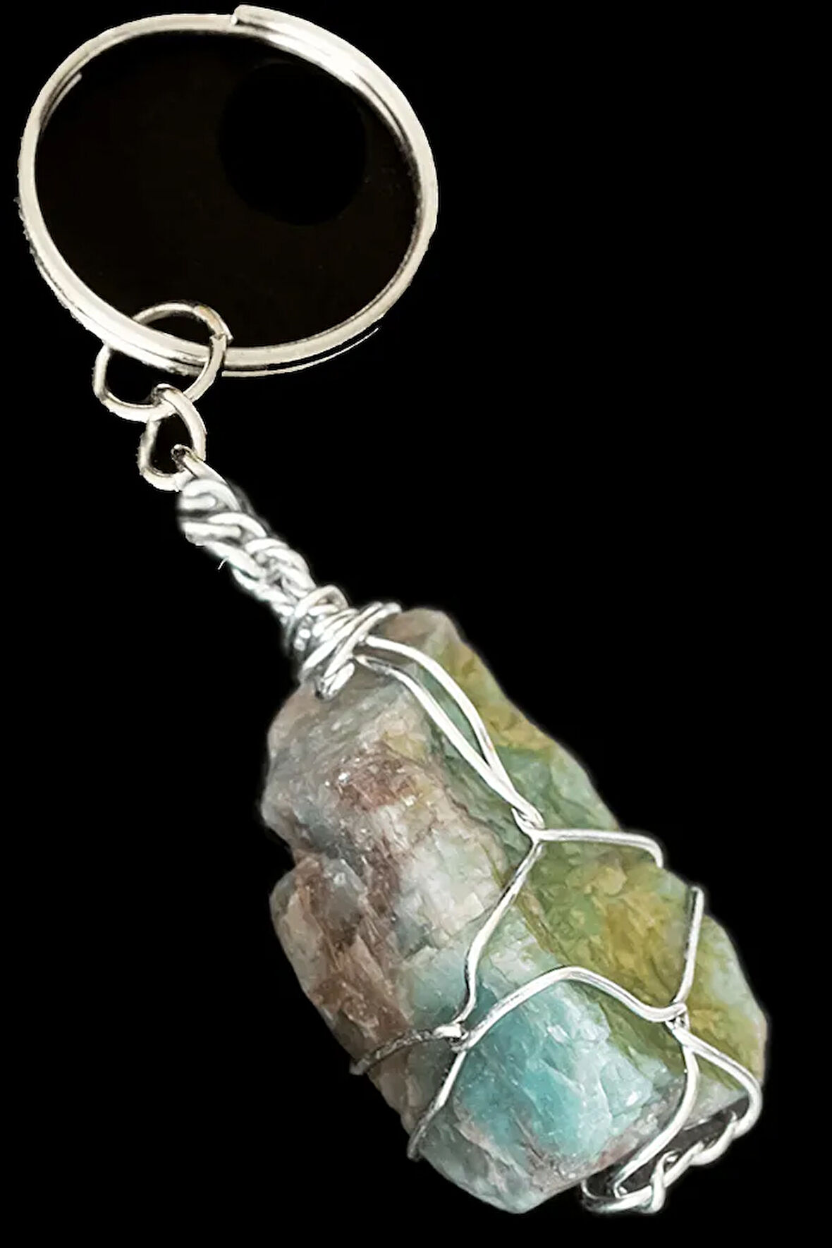 Sertifikalı Gümüş Ham Amazonit Taşı Anahtarlık - Tel Sargılı