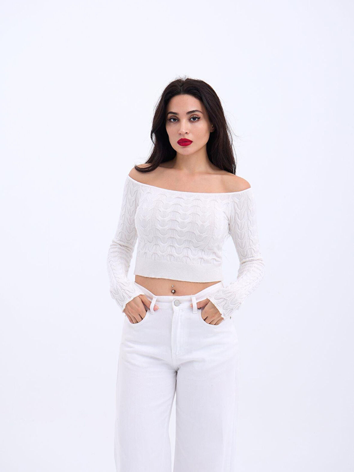 42241 TRİKO KAYIK YAKA CROP-EKRU