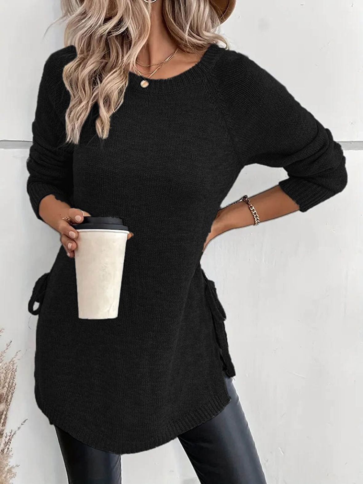 Kadın Uzun Kollu Yuvarlak Yakalı Yanlardan Bağcıklı Triko Bluz