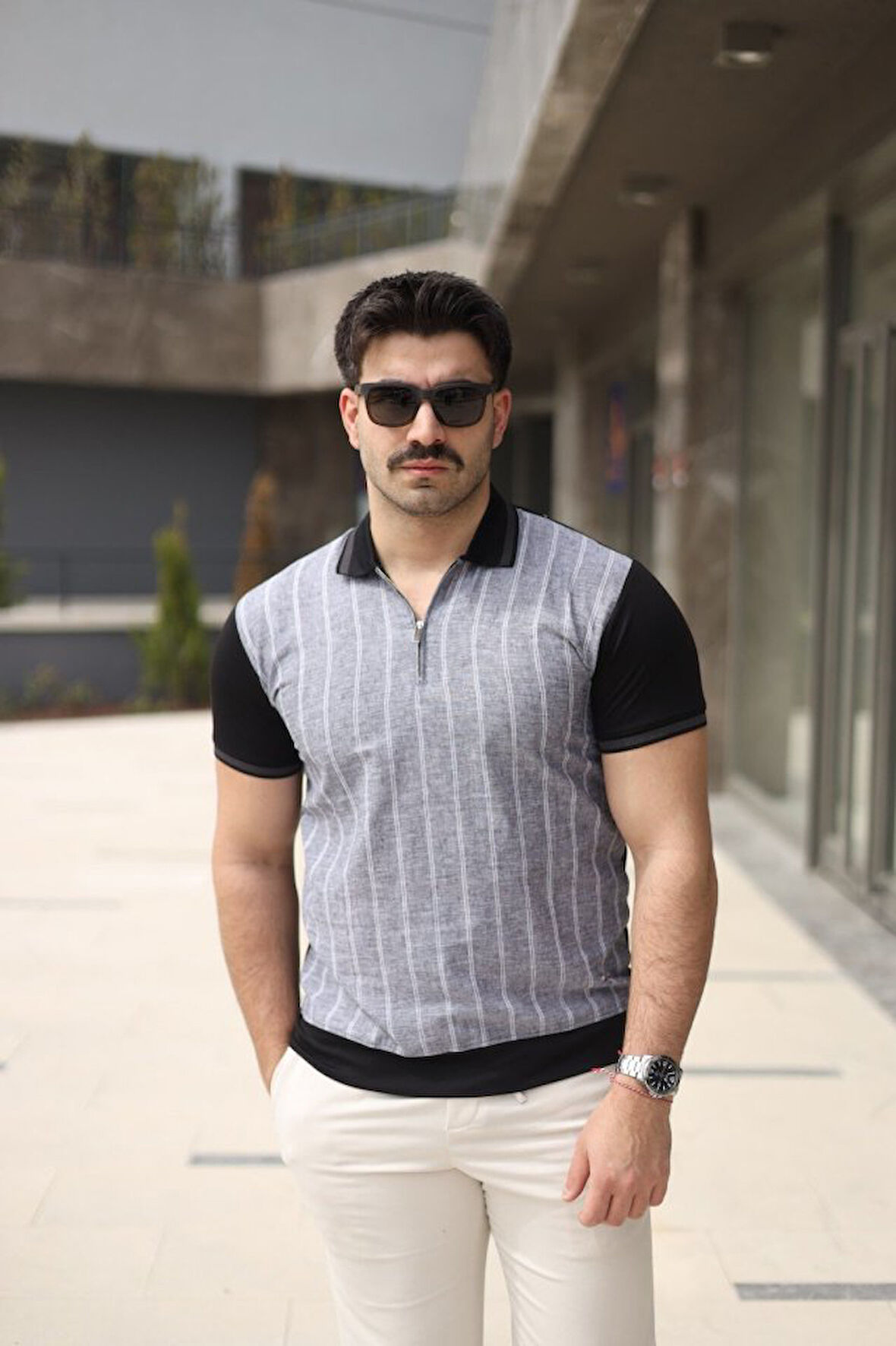 Erkek Polo Yaka Fermuar Detaylı Çizgili Tişört