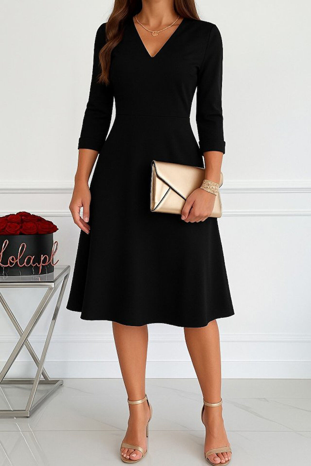 Kadın Truvakarkol V Yakalı Midi Ithal Krep Elbise