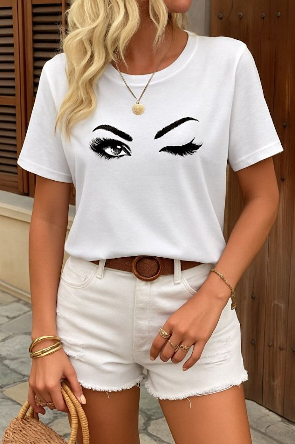 Kadın Kısa Kollu Bisiklet Yaka Göz Baskılı Süprem T-shirt