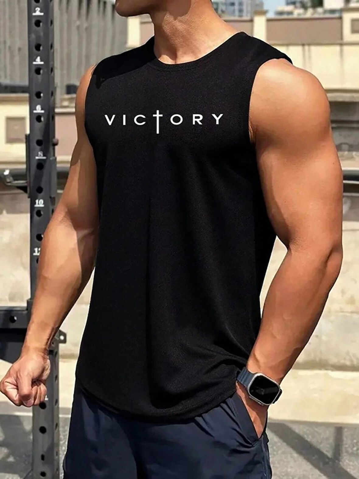 Erkek Sıfır Kol Victory Baskılı Süprem Bluz