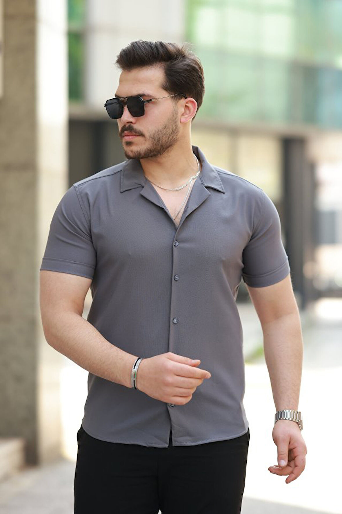 Erkek Apaj Yaka Kısa Kollu Gömlek