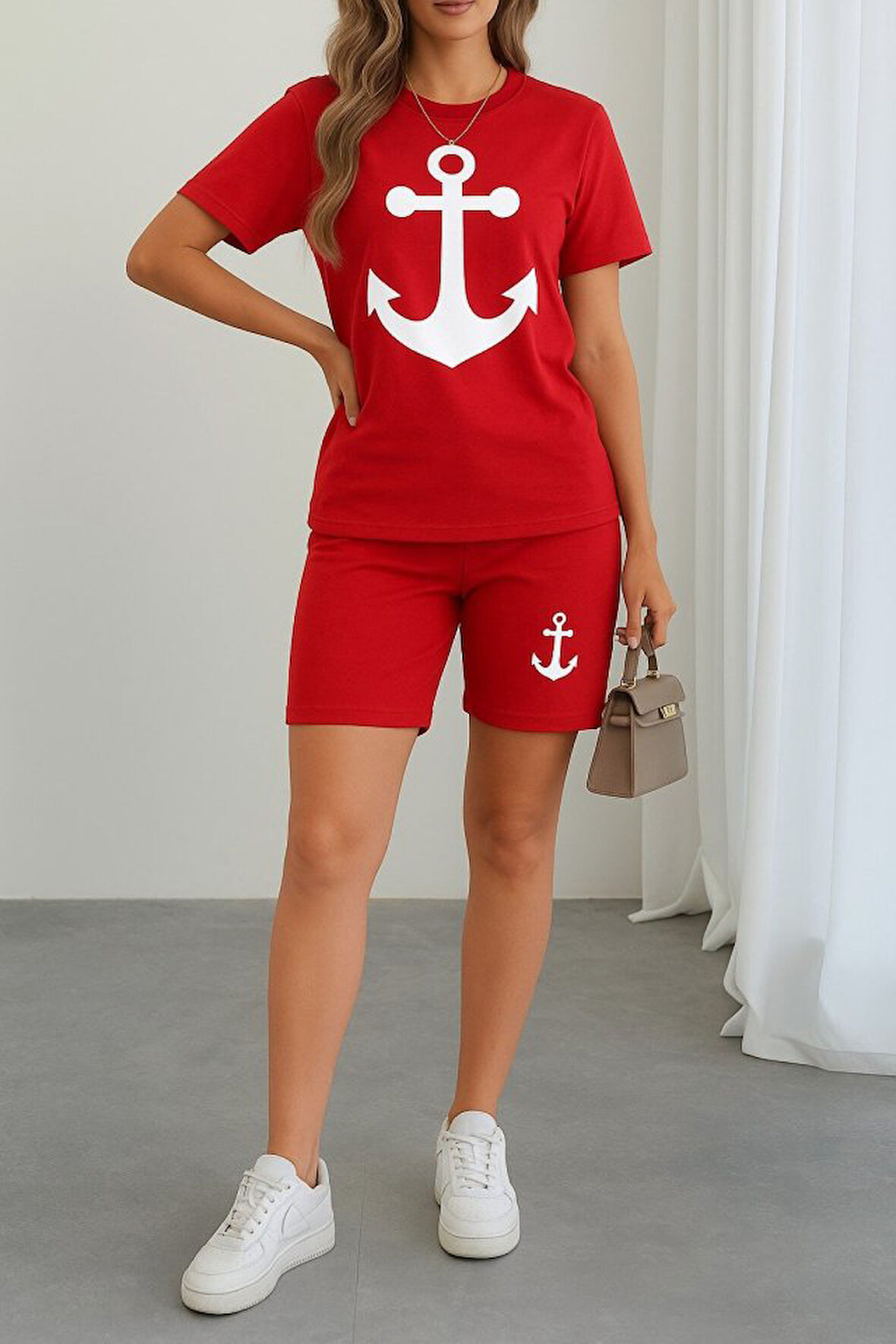 Kadın Kısa Kollu çapa Baskılı Viskon Ikili Takım