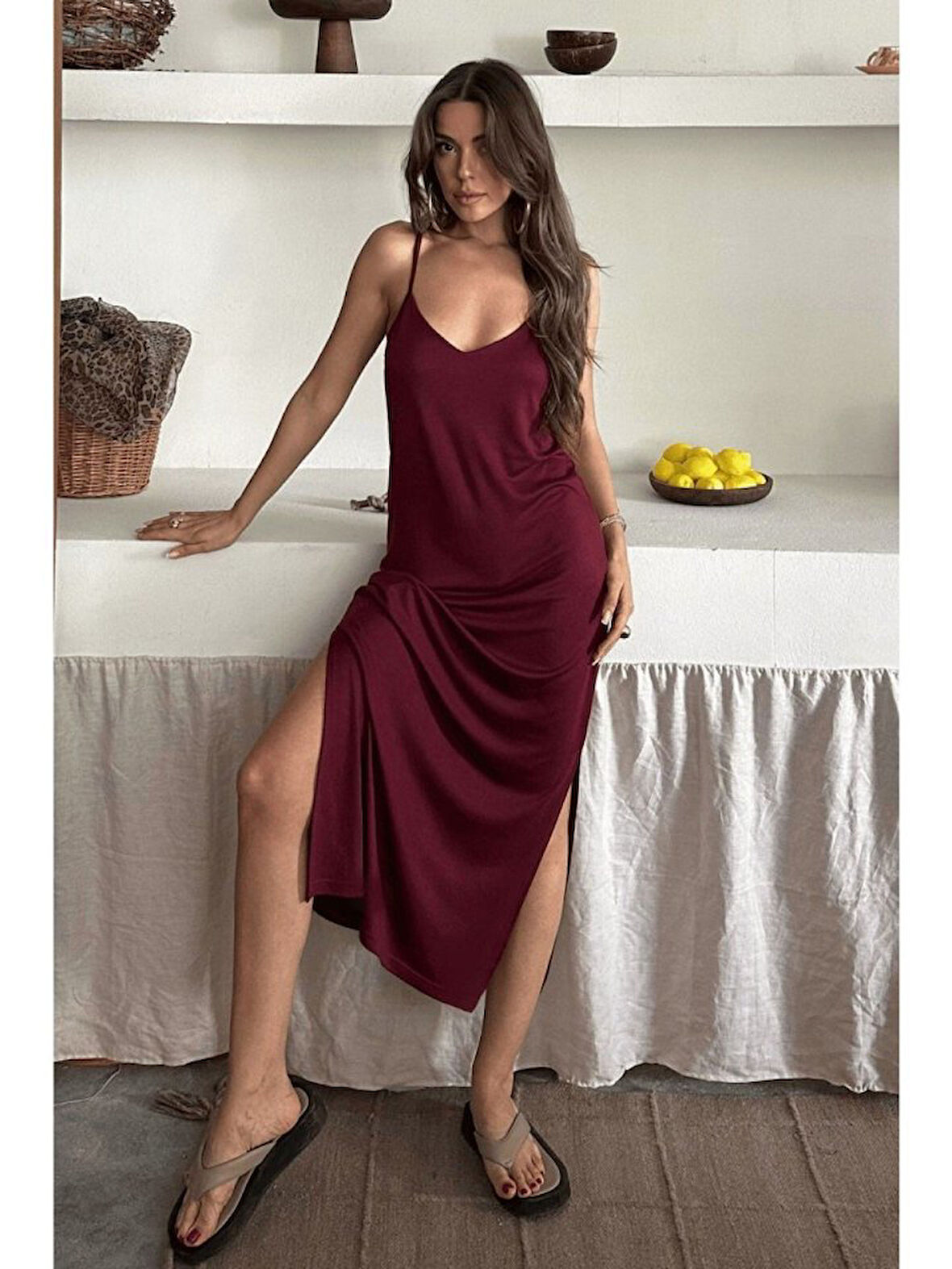 Kadın Siyah Asansör Askılı Çift Yırtmaçlı Helen Elbise