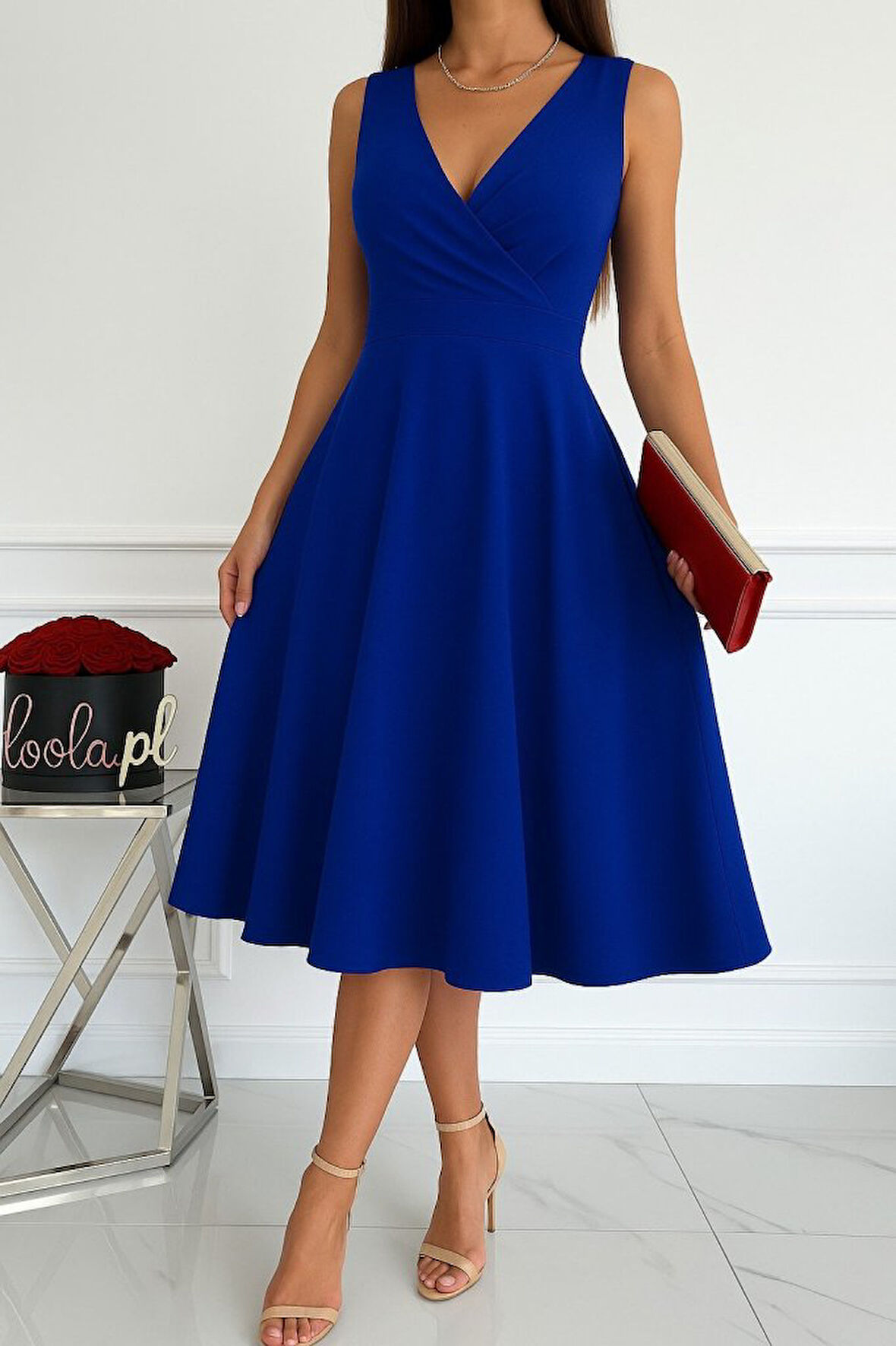 Kadın Ithal Krep Kumaş Kruvaze Yaka Eteği Kloş Kolsuz Mini Elbise