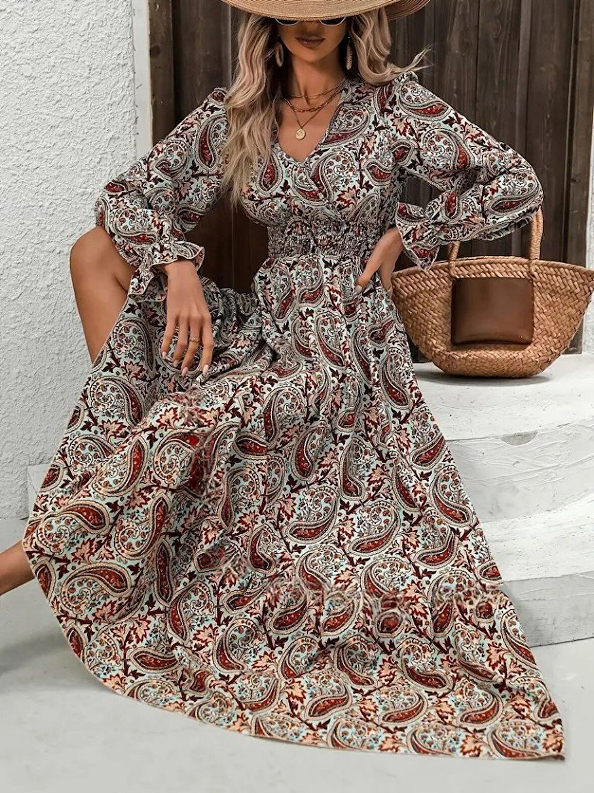 Kadın Uzun Kollu V Yakalı Beli Lastikli Desenli Süprem Elbise