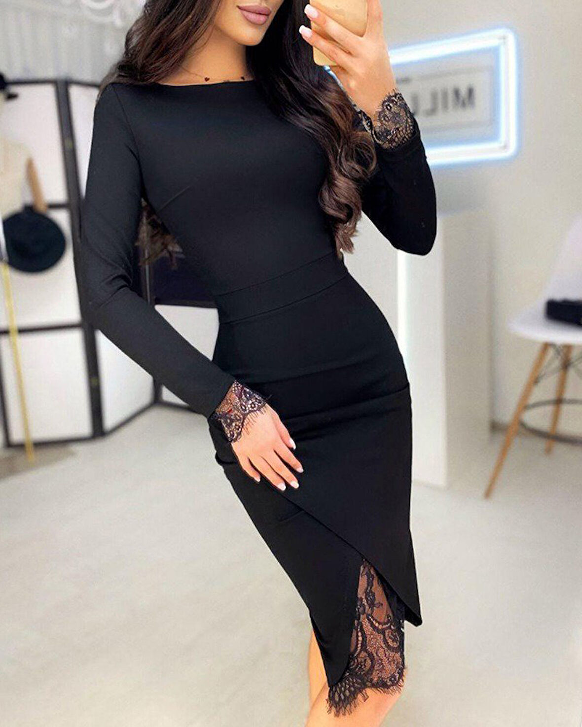 Kadın Uzun Kollu Bisiklet Yaka önden Dantel Ve Yırtmaç Detaylı Dalgıç Elbise