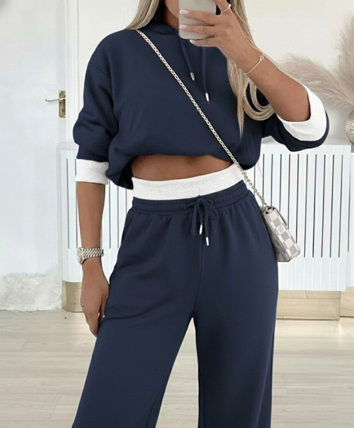 Kadın Uzun Kollu Kapşonlu Viskon Iki Iplik Füme Bluz Ve Pantolon Ikili Takım