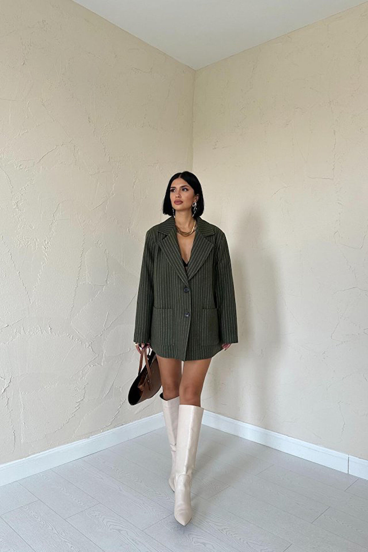 Haki Çizgili Oversize Ceket