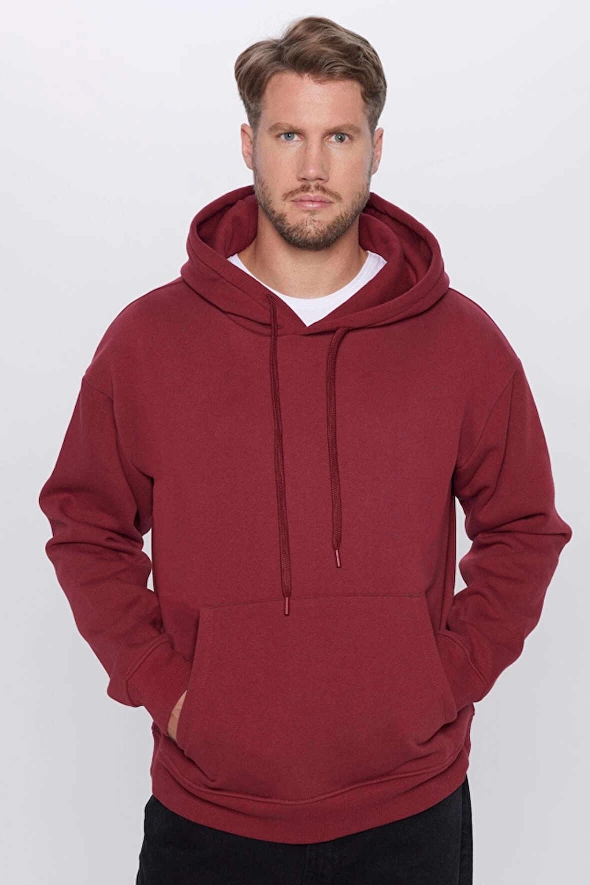 Üç İplik Penye Kapşonlu Basic SweatShirt - Bordo