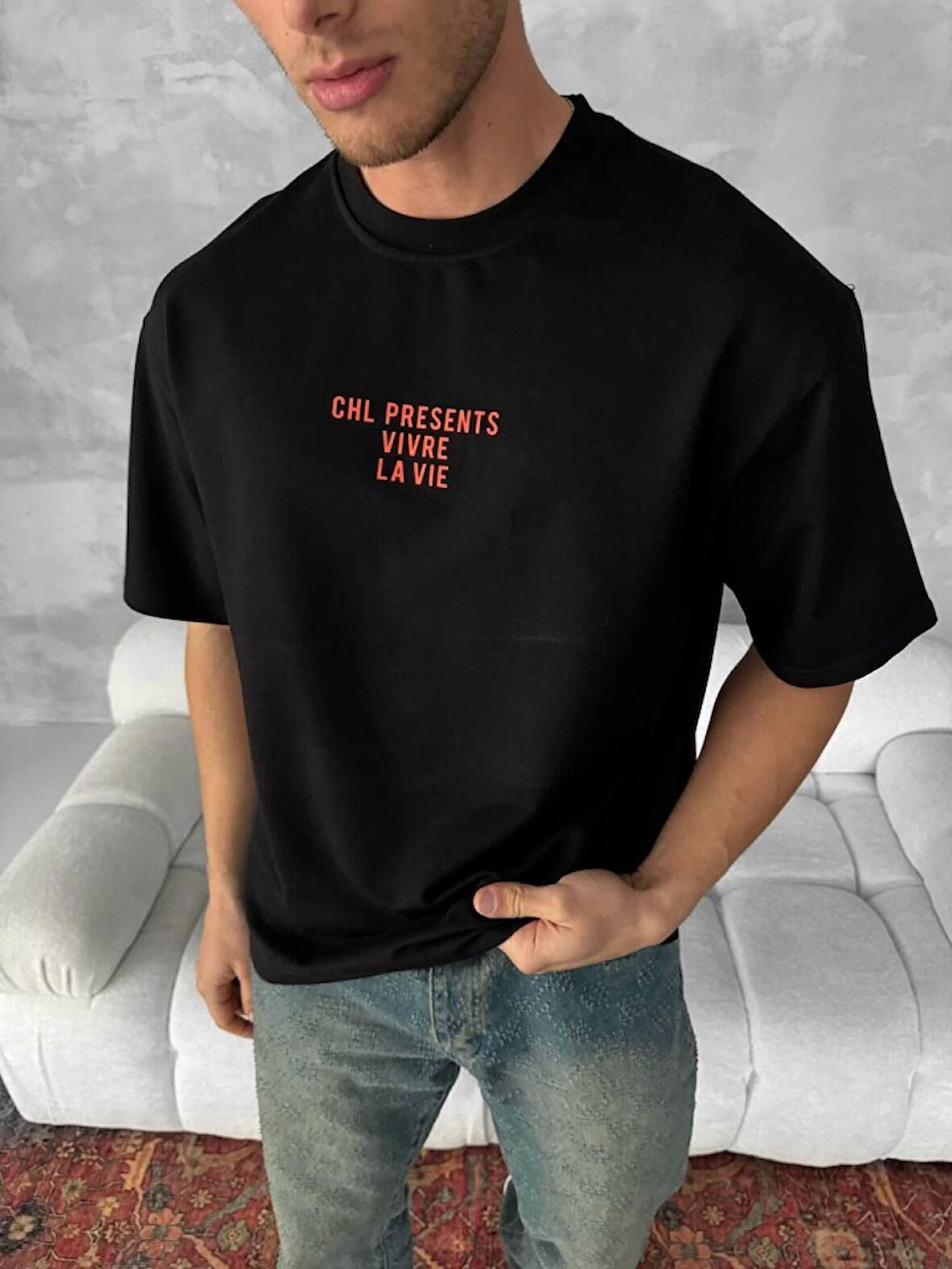 Ön Ve Arka Baskılı Oversize Bisiklet Yaka T-shirt- Siyah