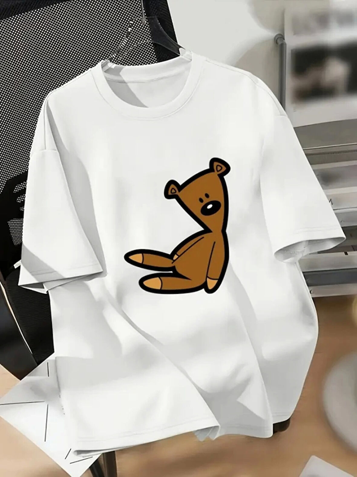 Baskılı Oversize Bisiklet Yaka T-shirt - Beyaz