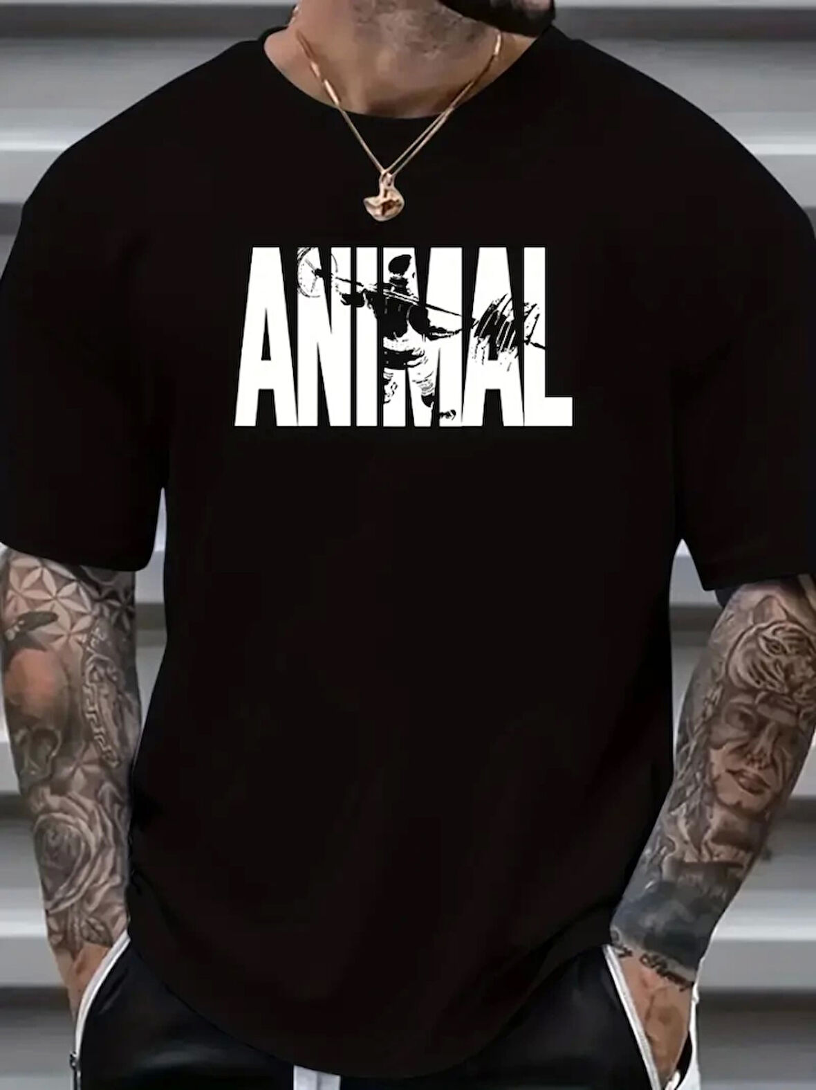 ANIMAL Desen Baskı Erkek Oversive Tişört, Grafik Tişört Erkek Yazlık Outdoor Kıyafetleri, Sporda Ve Günlük Giyime Uygun  - Siyah