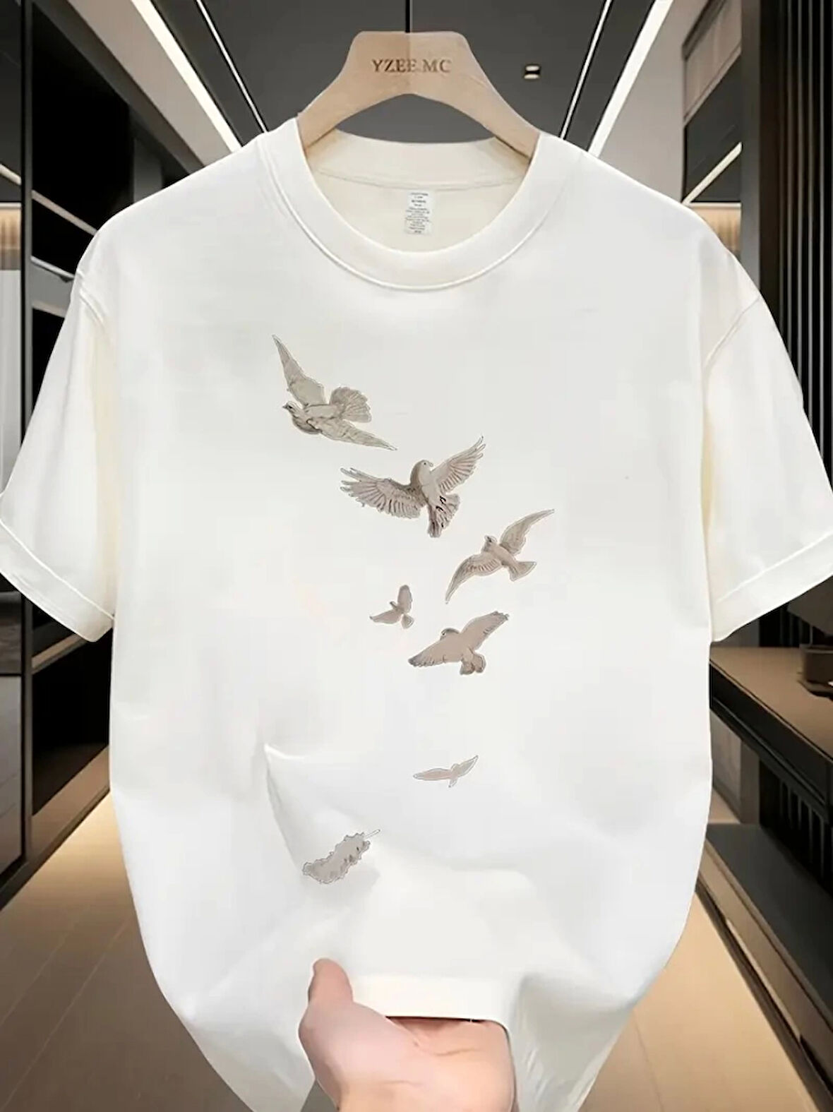 Baskılı Oversize Bisiklet Yaka T-shirt - Beyaz
