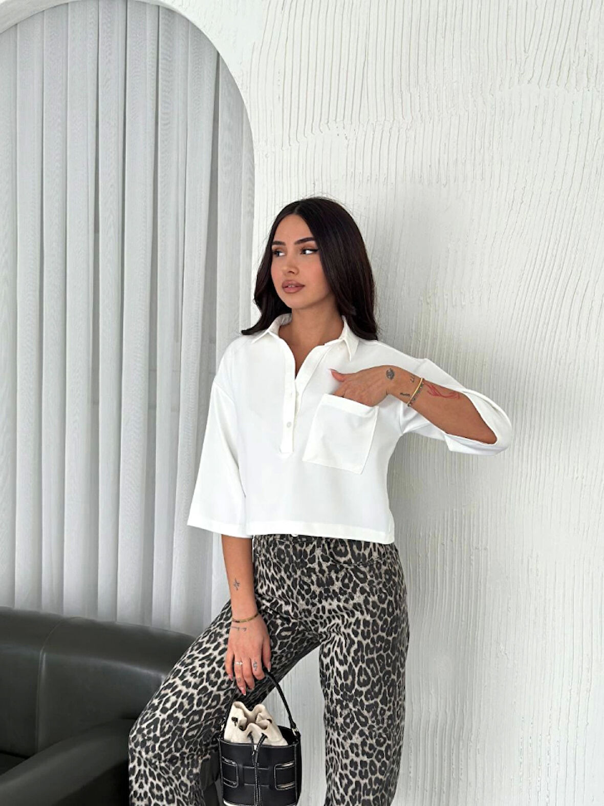 Crop Yakalı Gömlek Üç Çeyrek Sleeve Kol - Beyaz