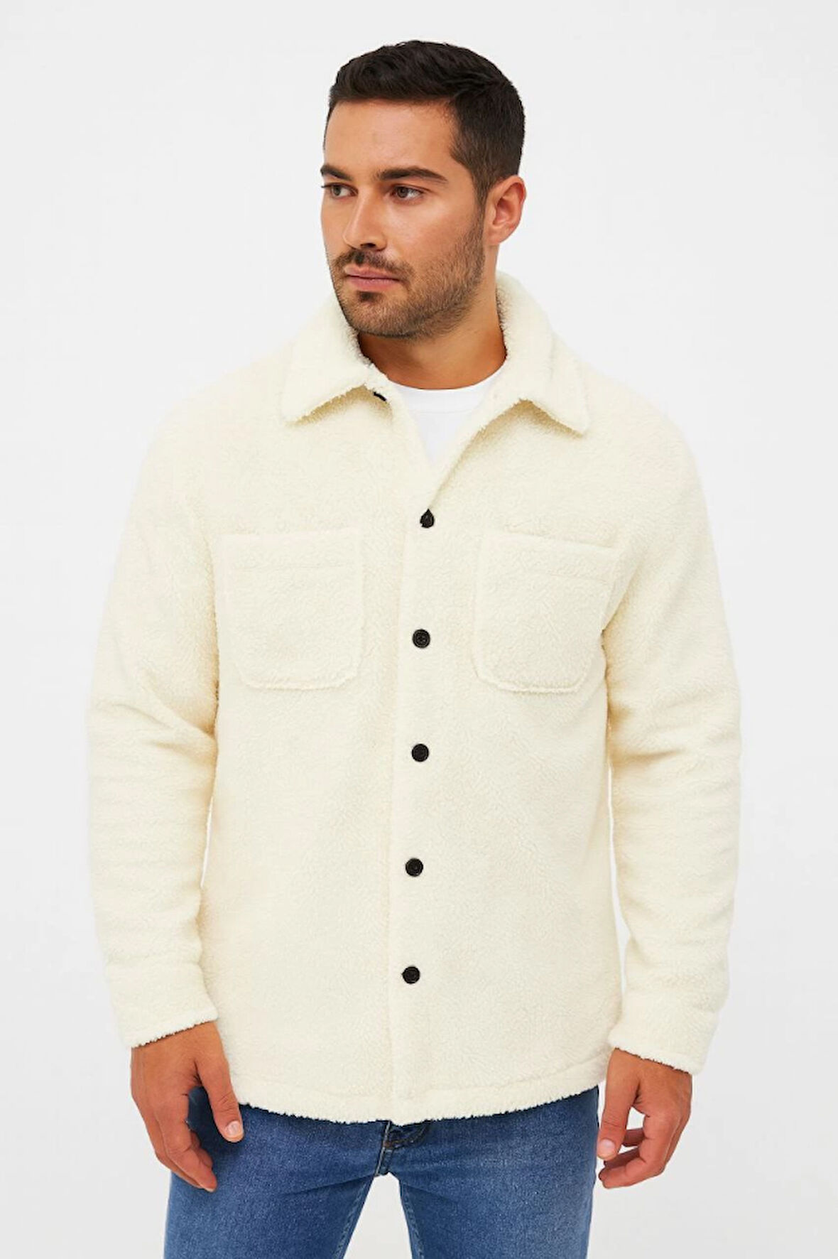 Erkek Pelüş Polar Hırka Gömlek - Yakalı, İlik Düğmeli, Göğüs Cepli, Yumuşak Dokulu Kışlık Regular Fit Rahat Günlük Model - Beyaz