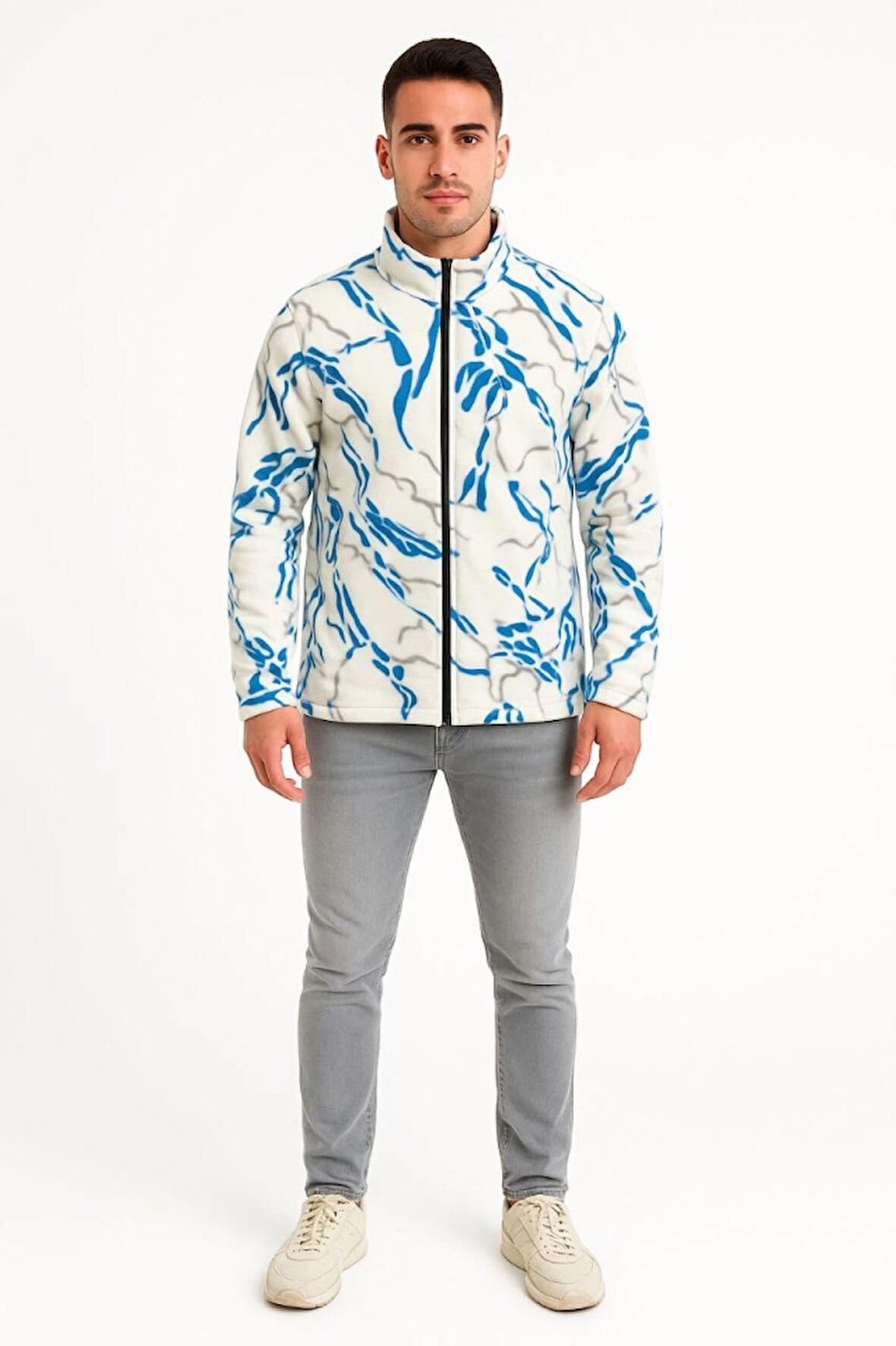 Erkek Tam Fermuarlı Desenli Polar Sweat  Lightning Desen Yakalı, Uzun Kollu, Oversize Rahat Kalıp - Beyaz