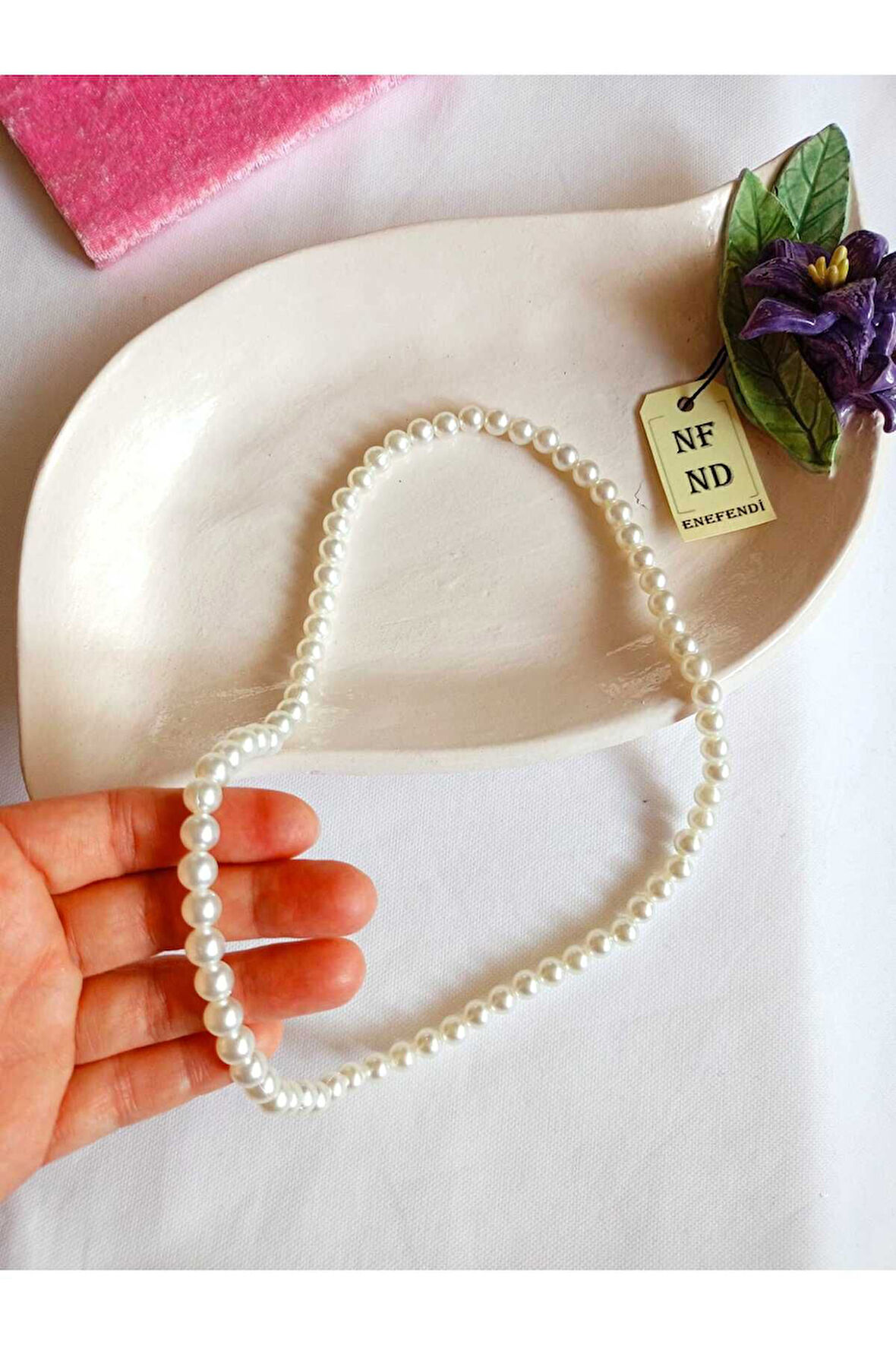 İNCİ KOLYE KREM RENK İNCİLİ BONCUK MİSİNA 54cm