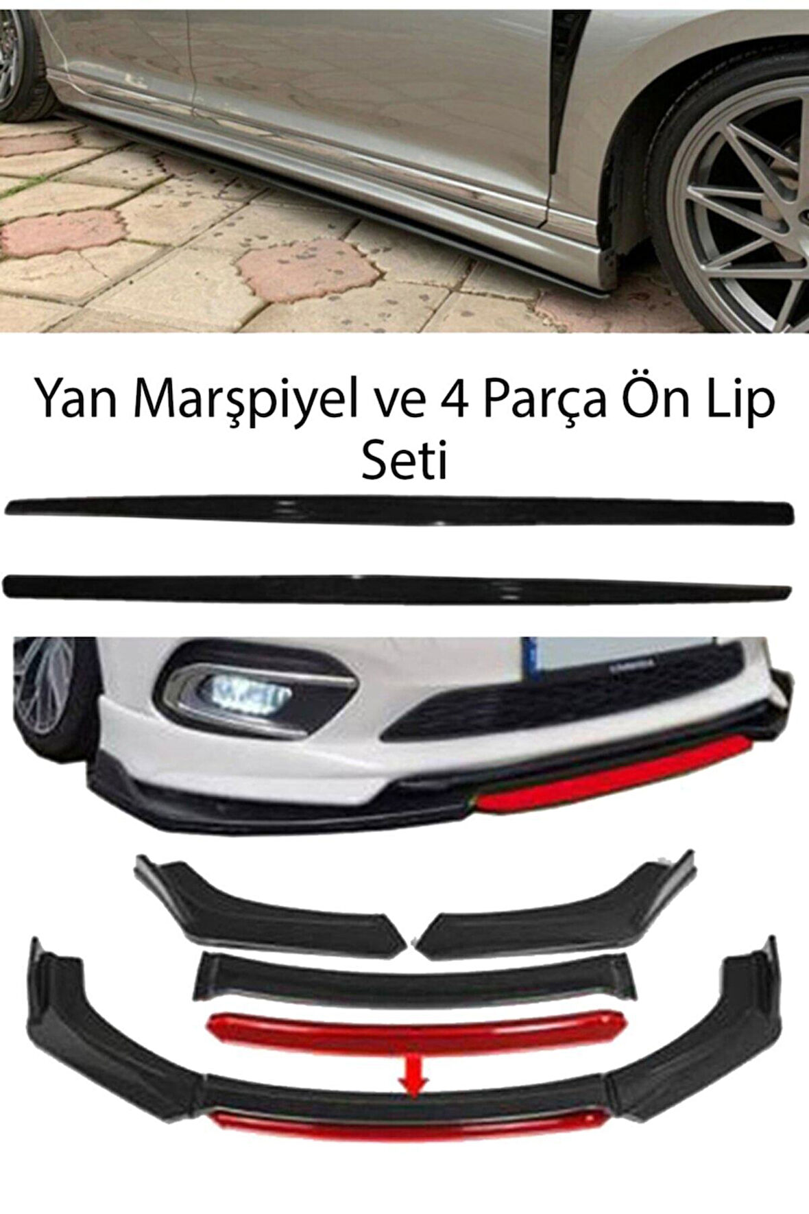 Skoda Roomster 2006-2015 F30 Düz Yan Marşpiyel + 4 Parça Kırmızı Ön Ek Piano Black Bodykit Set