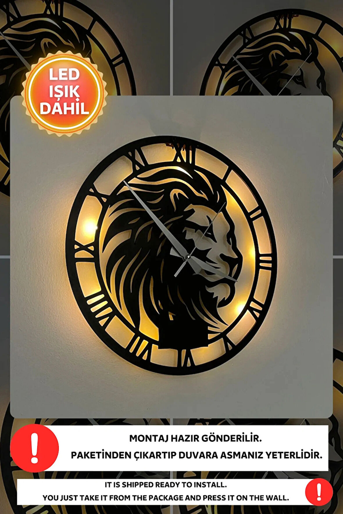 Led Işıklı Aslan Duvar Saati Sessiz Dekoratif Modern Siyah Ahşap Duvar Saati 40x40cm