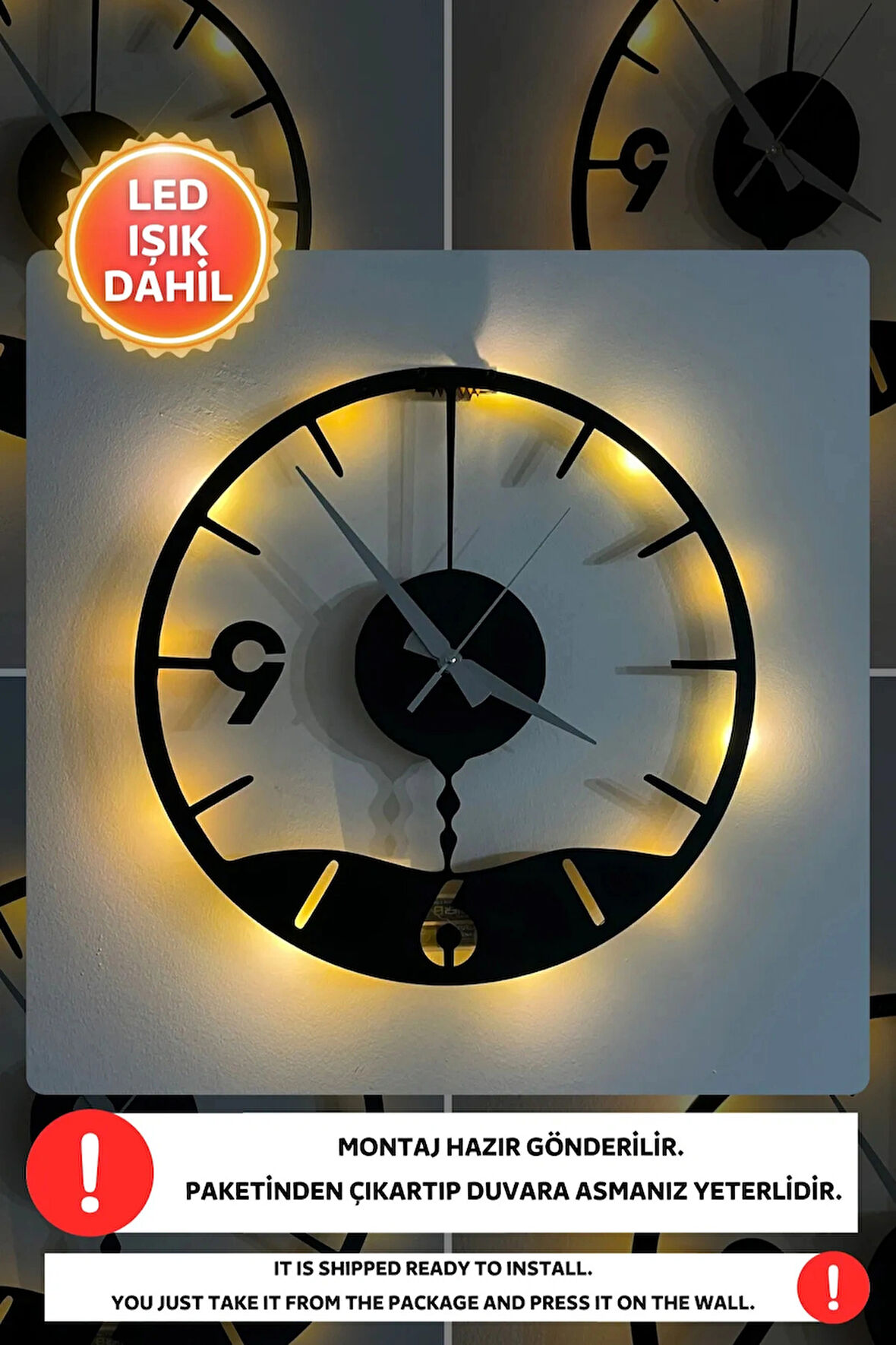 Led Işıklı Modern Mutfak Duvar Saati Sessiz Dekoratif Modern Siyah Ahşap Duvar Saati 40x40cm