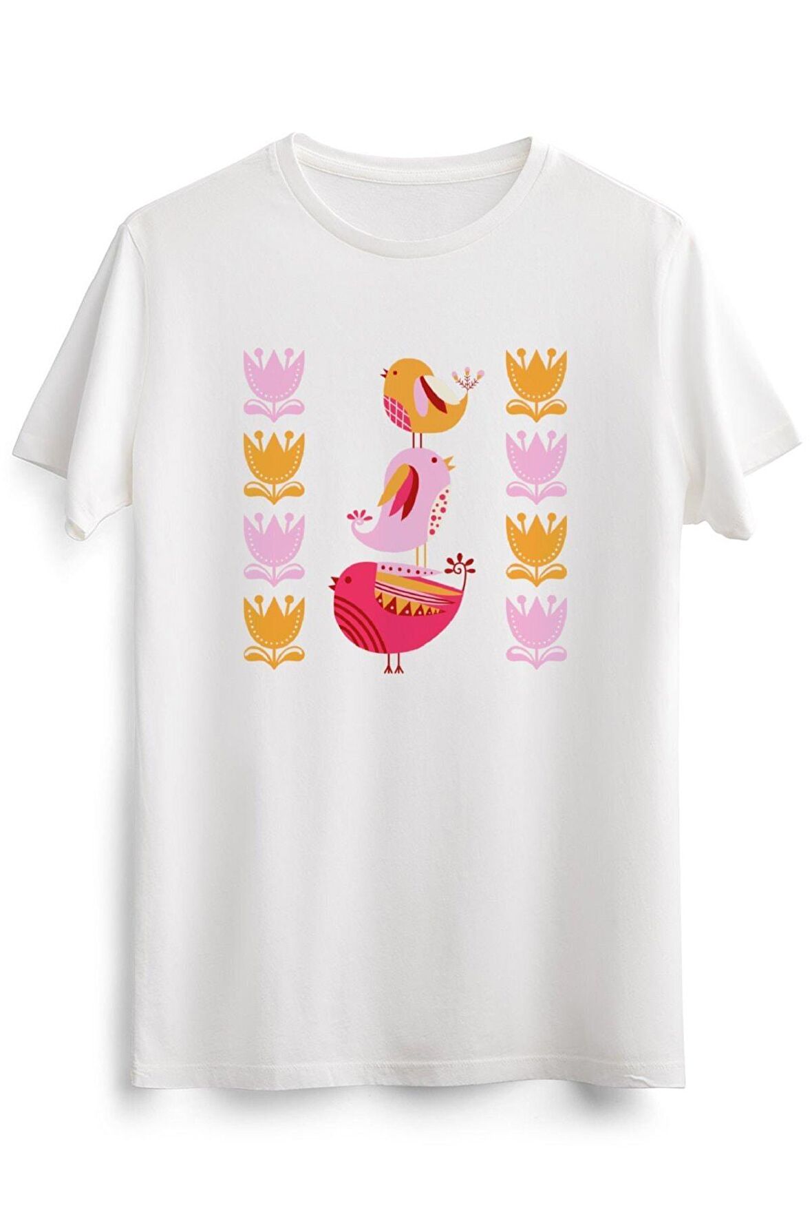 Erkek Beyaz Happy Pink And Orange Birds And Blooms