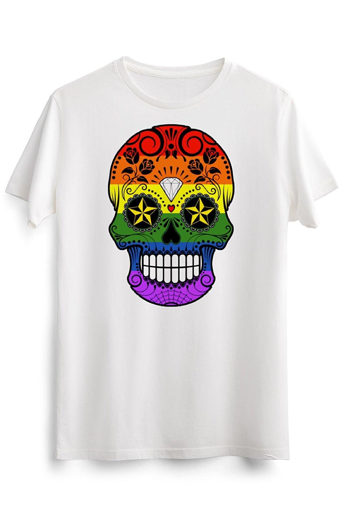 Erkek Beyaz Gay Pride Rainbow Flag Sugar Skull
