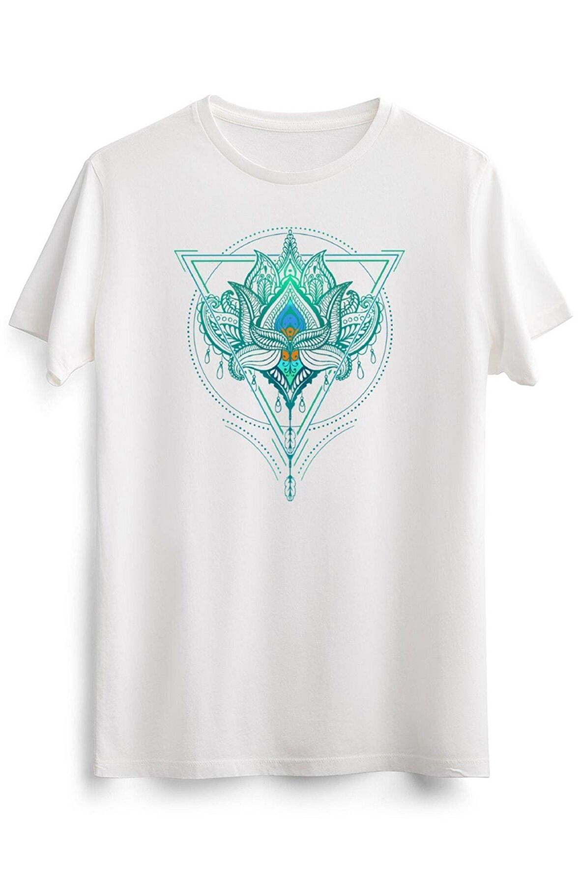 Erkek Beyaz Oriental Lotus Flower Ornament Geometric Triangle
