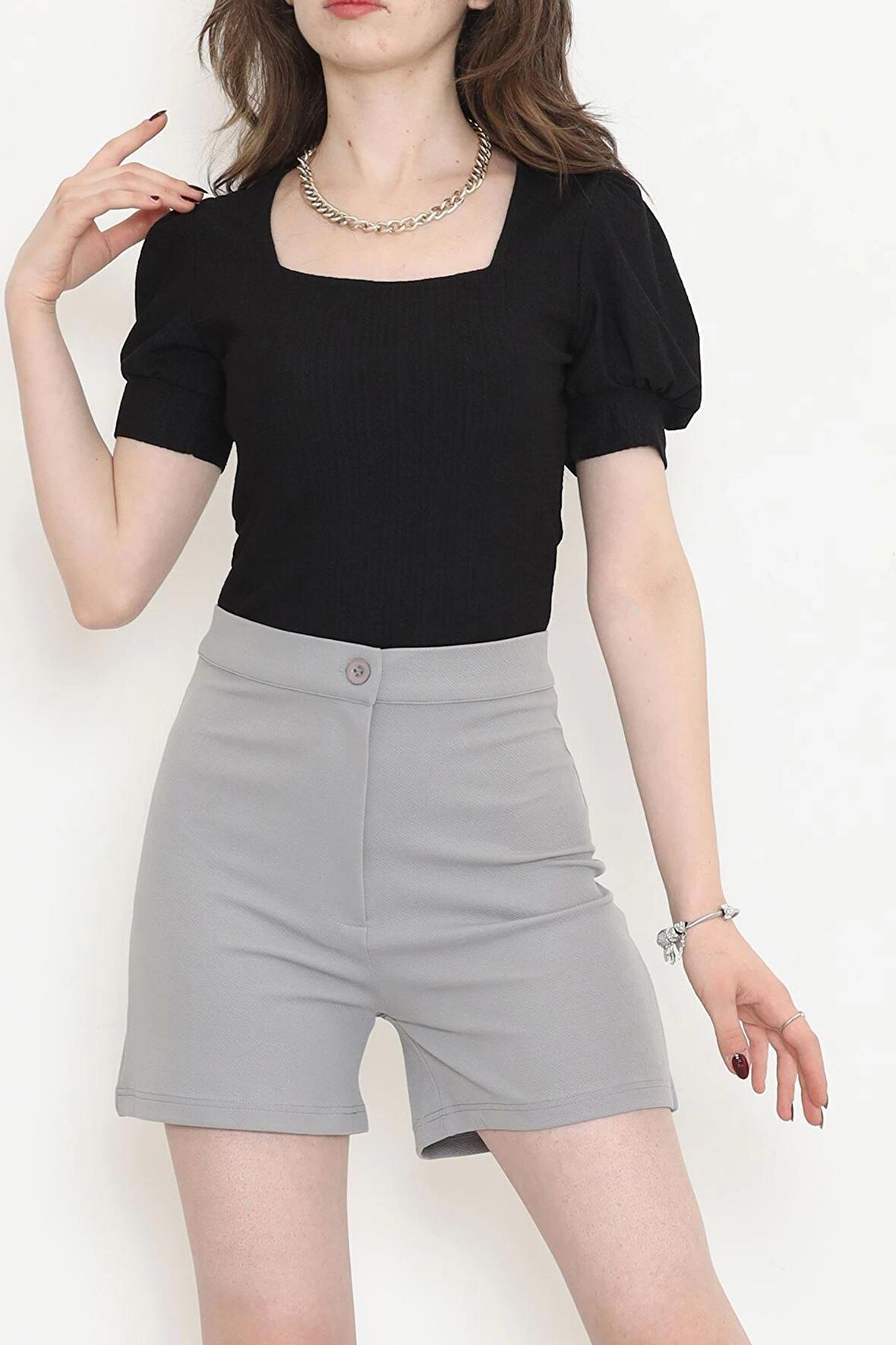 Kare Yaka Bürümcük Bluz Siyah - 12595.631.