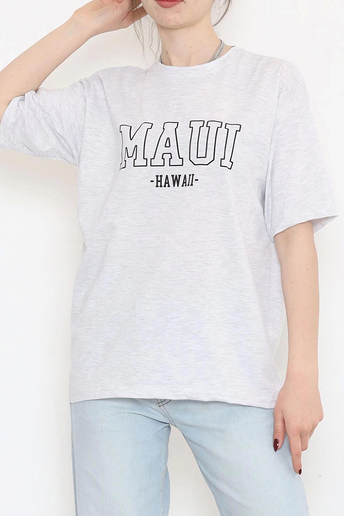 Baskılı Bisiklet Yaka Tişört Gri - 16513.1567.